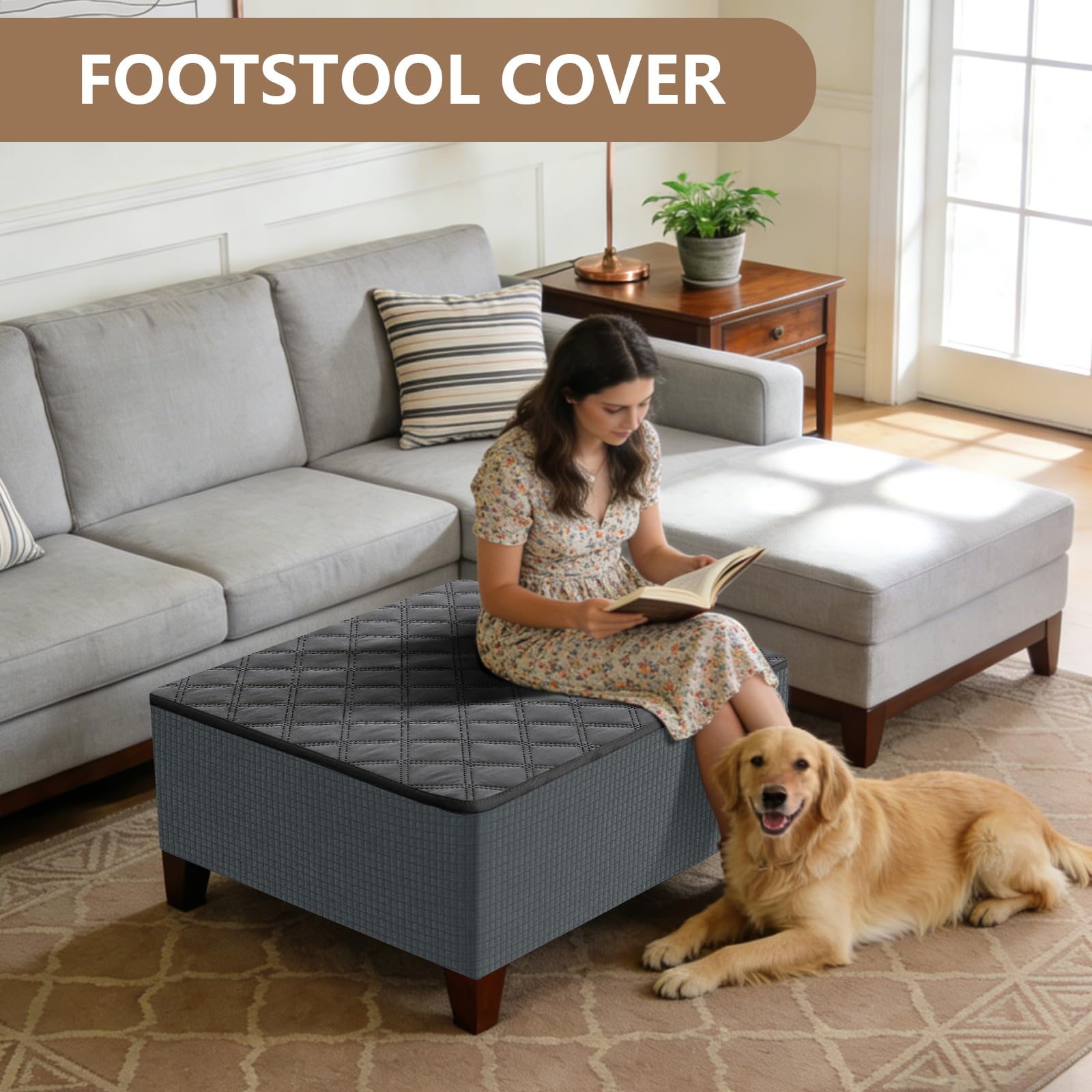 Funda Puff Rectangular XL Ajustable, Impermeable Cubierta Reposapies Sofa Acolchado Jacquard Funda Otomana Lavable Protector para Taburete Antiarañazos Gatos Gris