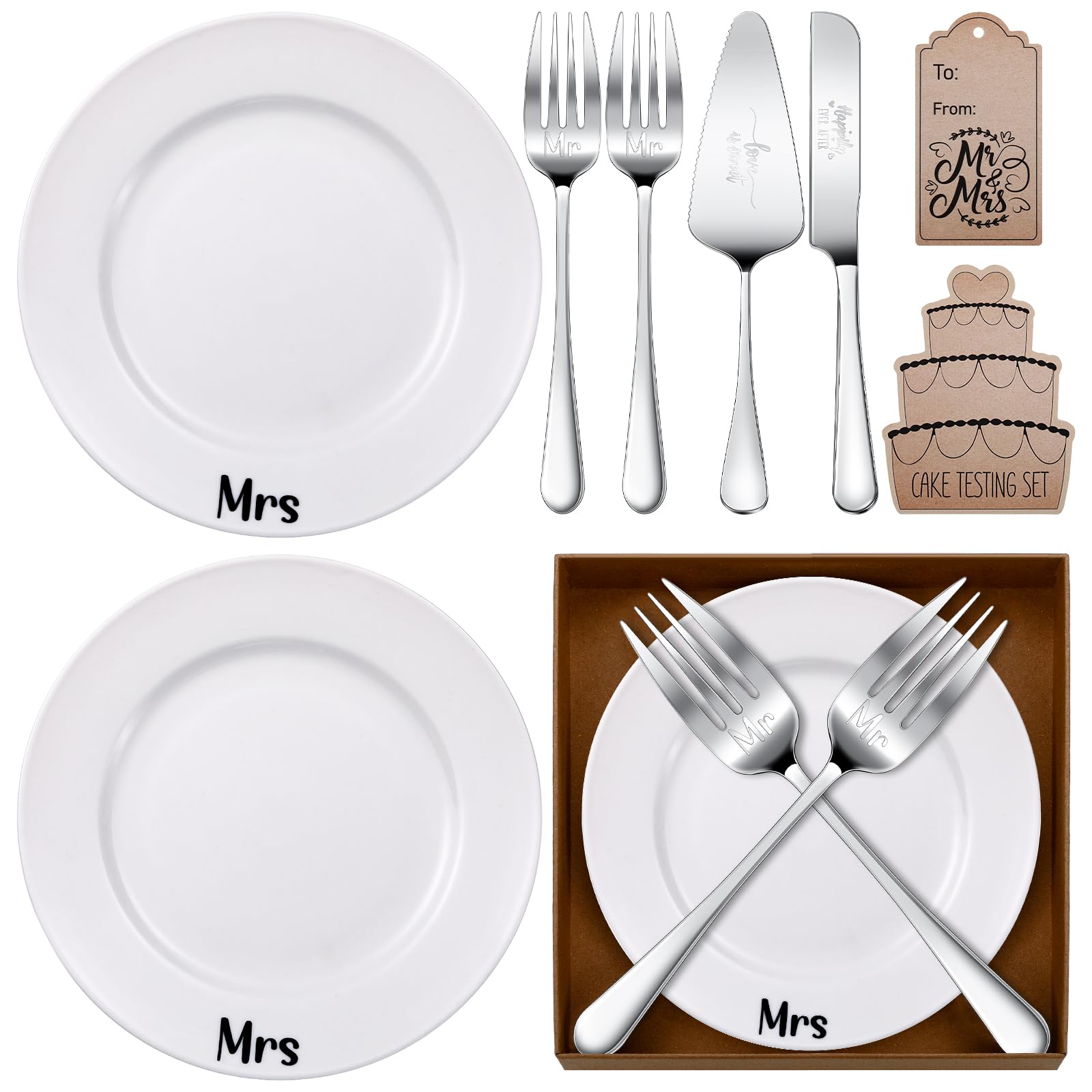 Dingion 9 Pcs Wedding Cake Ceremony Alternative Sets Mr and Mrs Wedding Cake Plates Engraved Wedding Cake Cutting Set for Wedding Cake Knife and Server Set for Anniversary Birthday Engagement Gifts