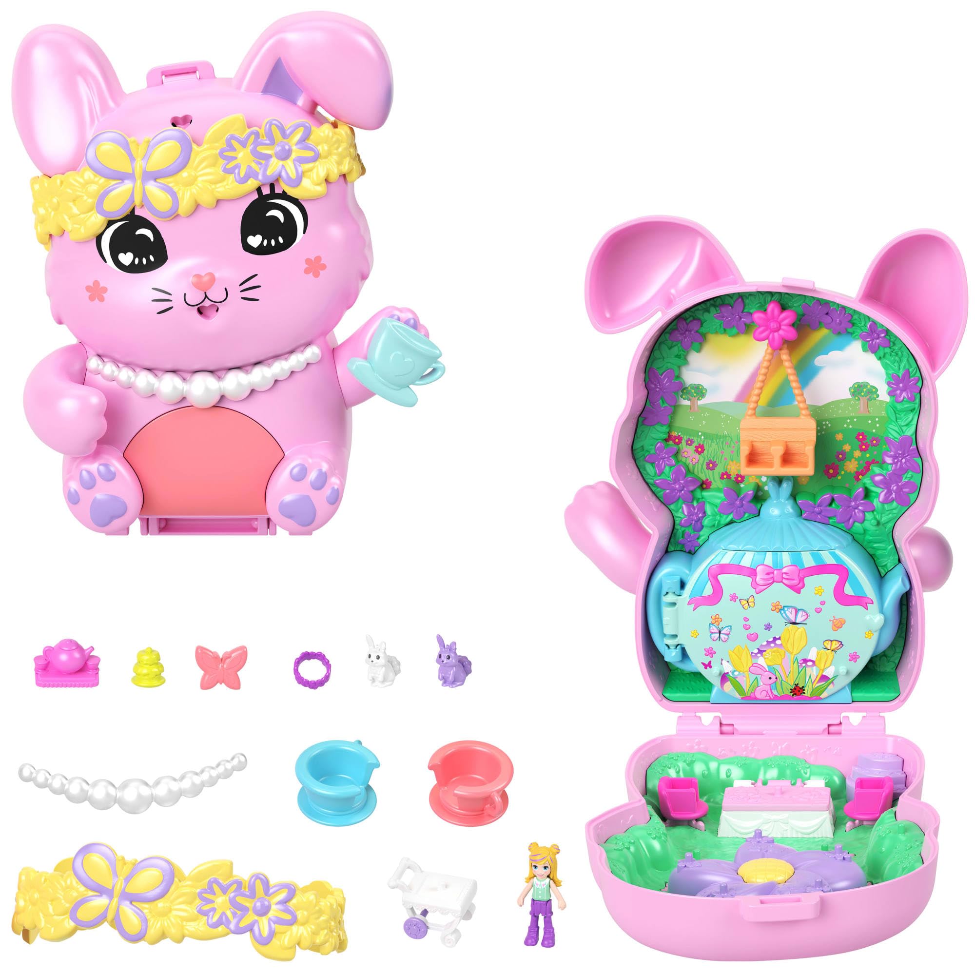 Polly Pocket - Coniglietto Ora del Tè, playset cofanetto portatile con 1 mini bambola e 10 accessori inclusi tra cui 2 coniglietti, giocattolo per bambini, 4+ anni, JCR40