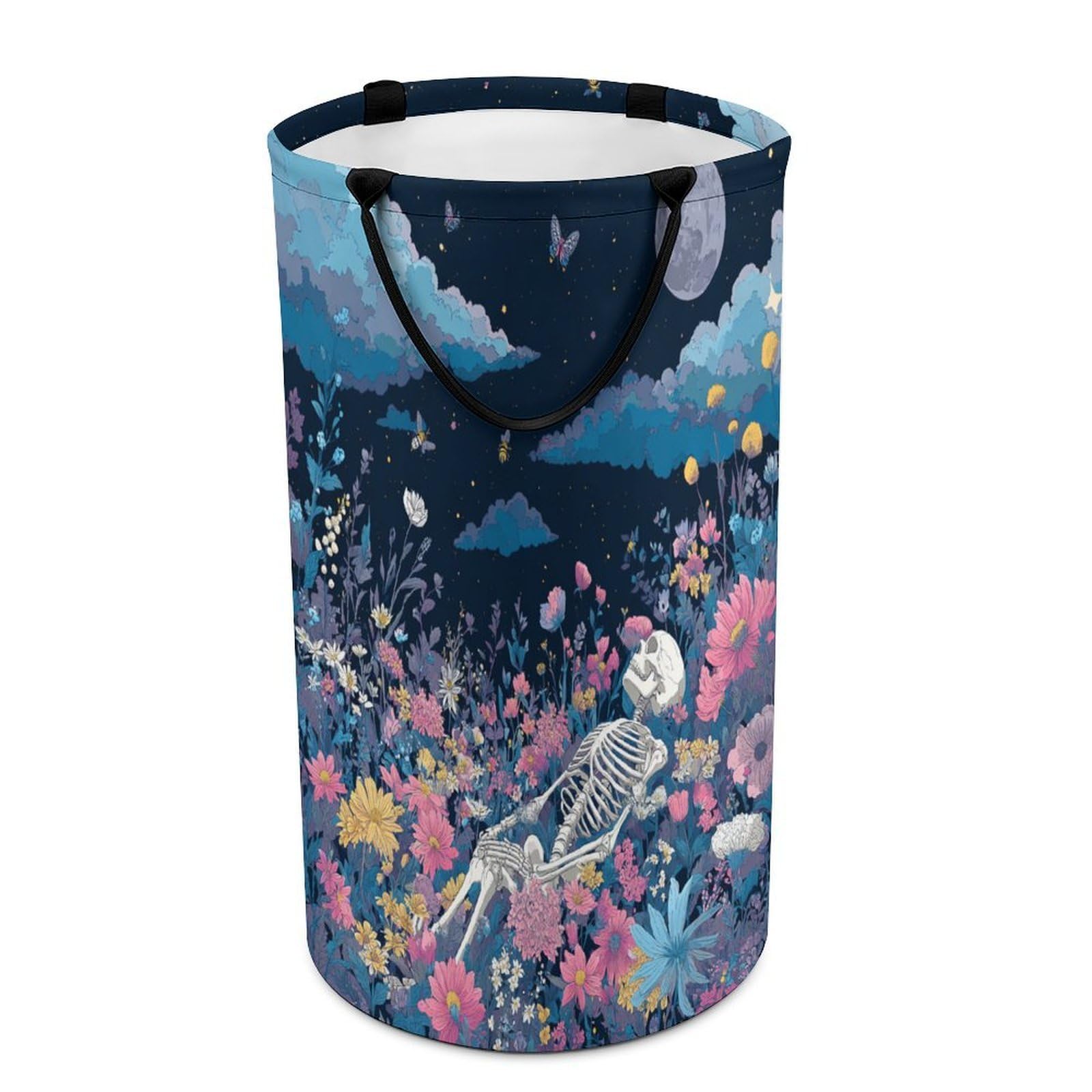 LUYYSKY Fantasy Rustic Skull Skeleton Collapsible Dirty Clothes Basket, Modern Realistic Full Moon Animals Butterflies Plant Flowers Portable Clothes Storage Laundry Basket-40 CM Dia, 69 CM High