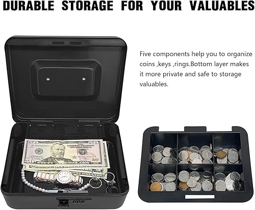 Miniatura 4 de Caja de efectivo de acero seguro con cerradura de combinación y bandeja extraíble, organizador de dinero de metal para uso doméstico y oficina