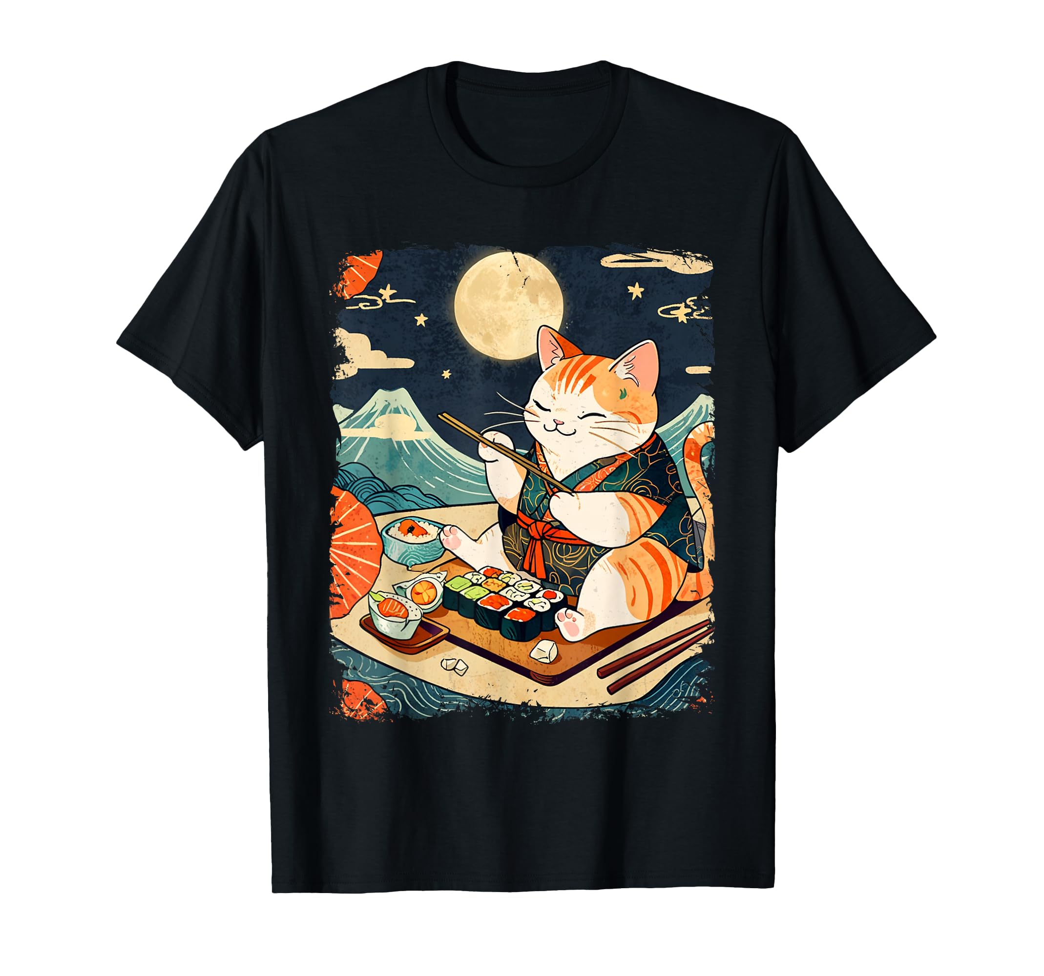 Cat Eating Sushi Japanese Anime Manga Kawaii Cat Ukiyo-e Art T-Shirt