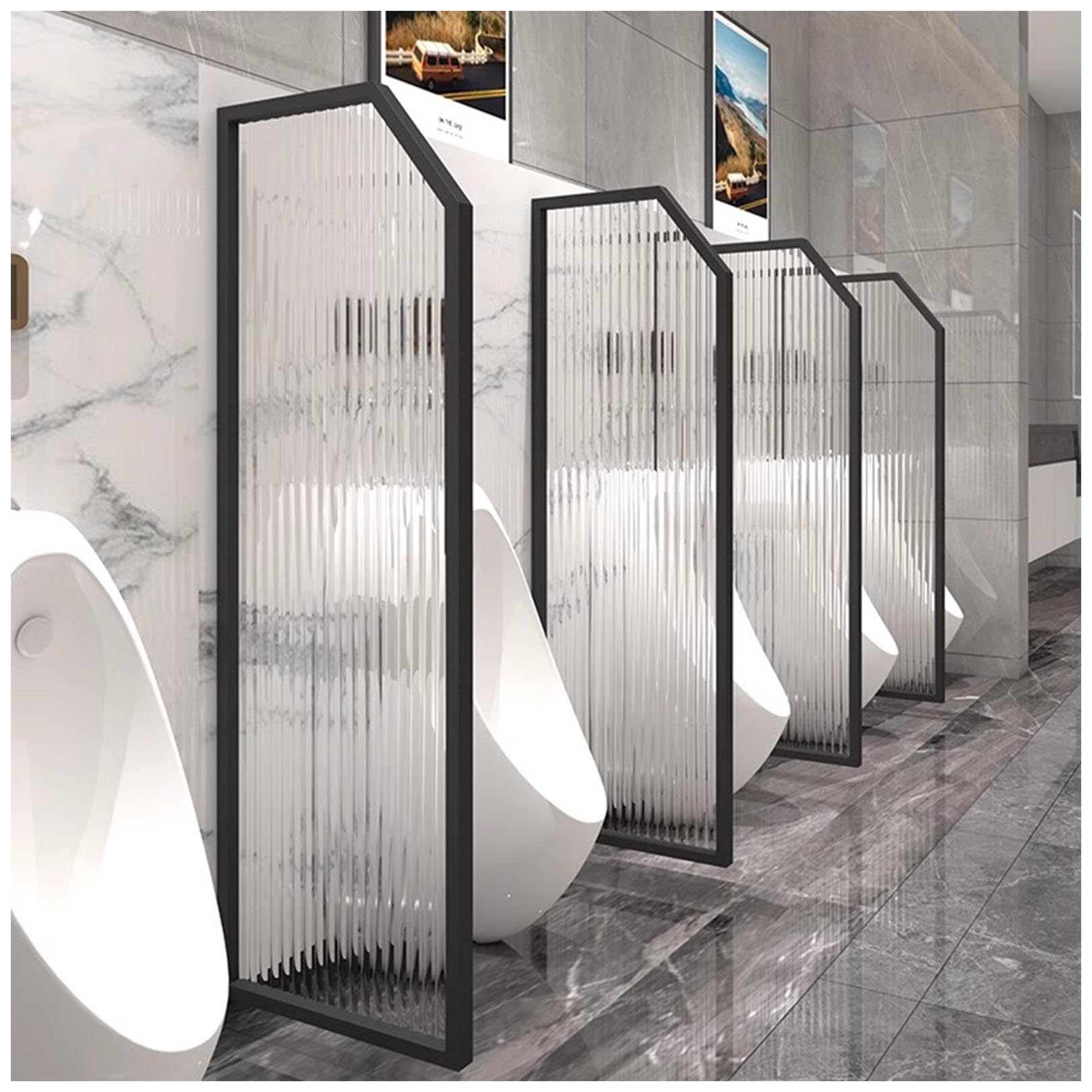 Panel de privacidad para urinario de acero inoxidable y mampara de vidrio templado negro