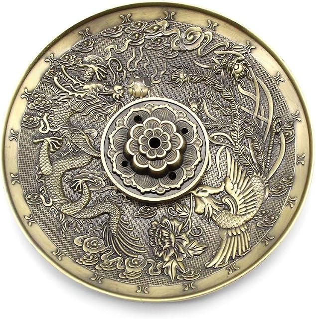 JustYit Incense Sticks Holder Ash Catchers Incense Burner Holder Lotus Incense Holder Vintage Chinese Dragon Phoenix Censer Plate Stand with Ash Catcher for Home, Office, Club, Yoga, Deco, 5 Holes