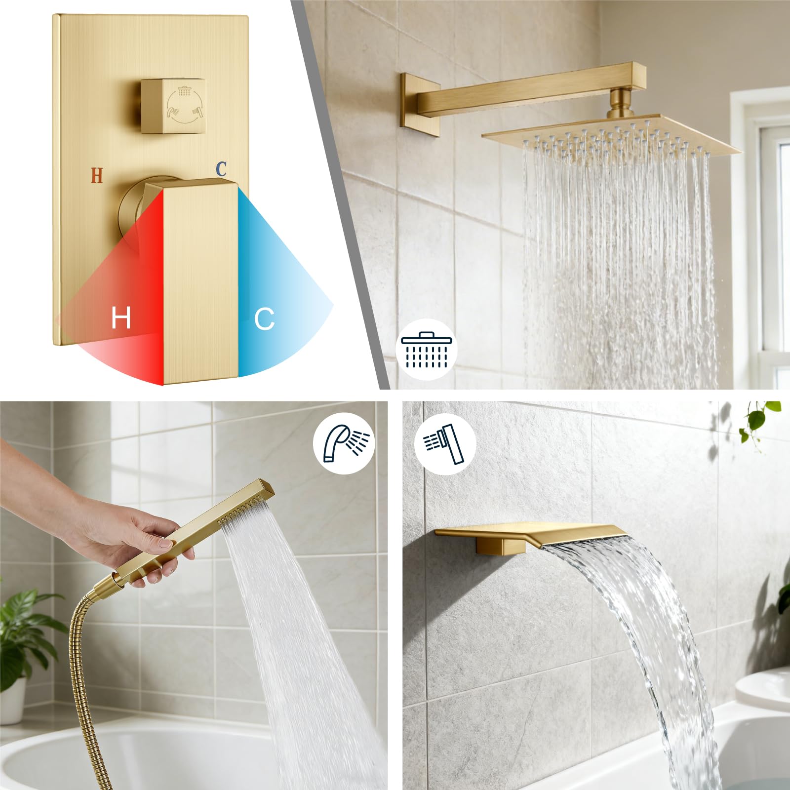 Sistema de ducha con caño para bañera, juego de grifería para bañera y ducha con cabezal de lluvia cuadrado y rociador de mano, juego de grifería de pared para bañera con válvula y kit de embellece