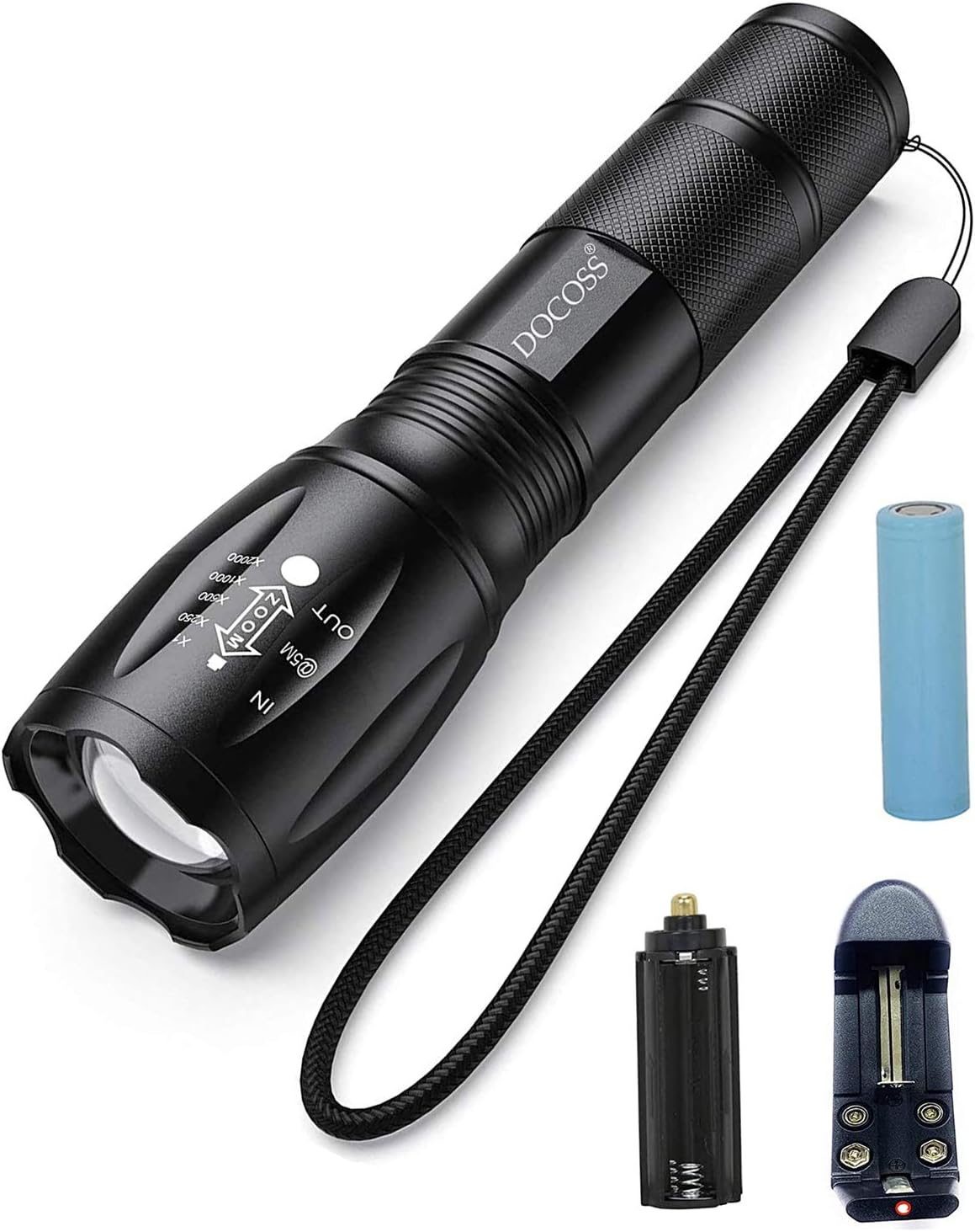 DOCOSS 5 Modes Rechargeable Ultra Bright Cree Led Torch Light Water Resistant High Power with Adjustable Focus & Recharging Kit for Outdoor (Black)