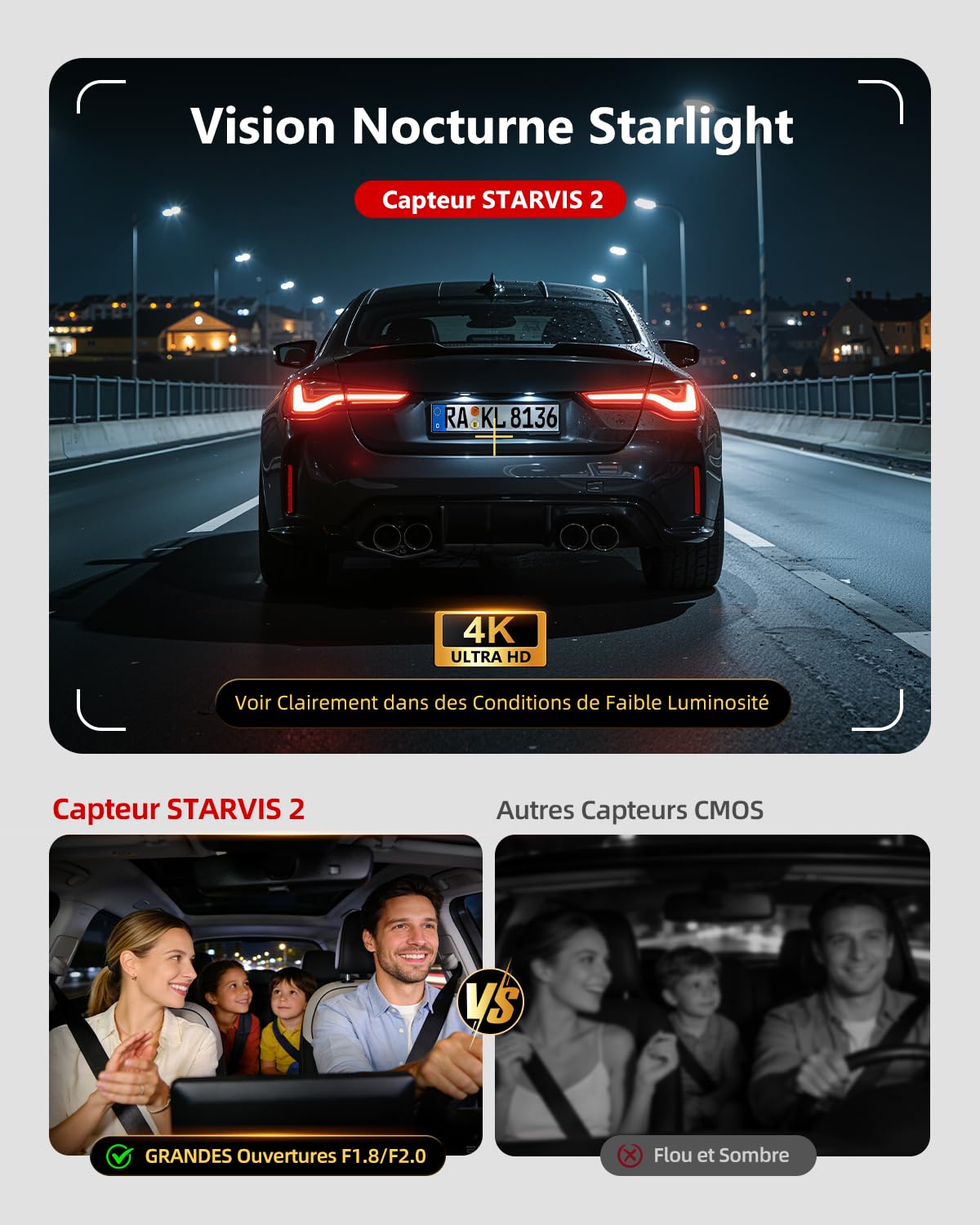Jzones Dashcam Auto 3 Canaux 4K, avec STARVIS 2 Vision Nocturne et HDR, Dashcam Voiture Avant Arrière et Intérieure, Surveillance Stationnement 24H, Capteur G, WiFi 6 et GPS, Carte SD de 64 Go offerte
