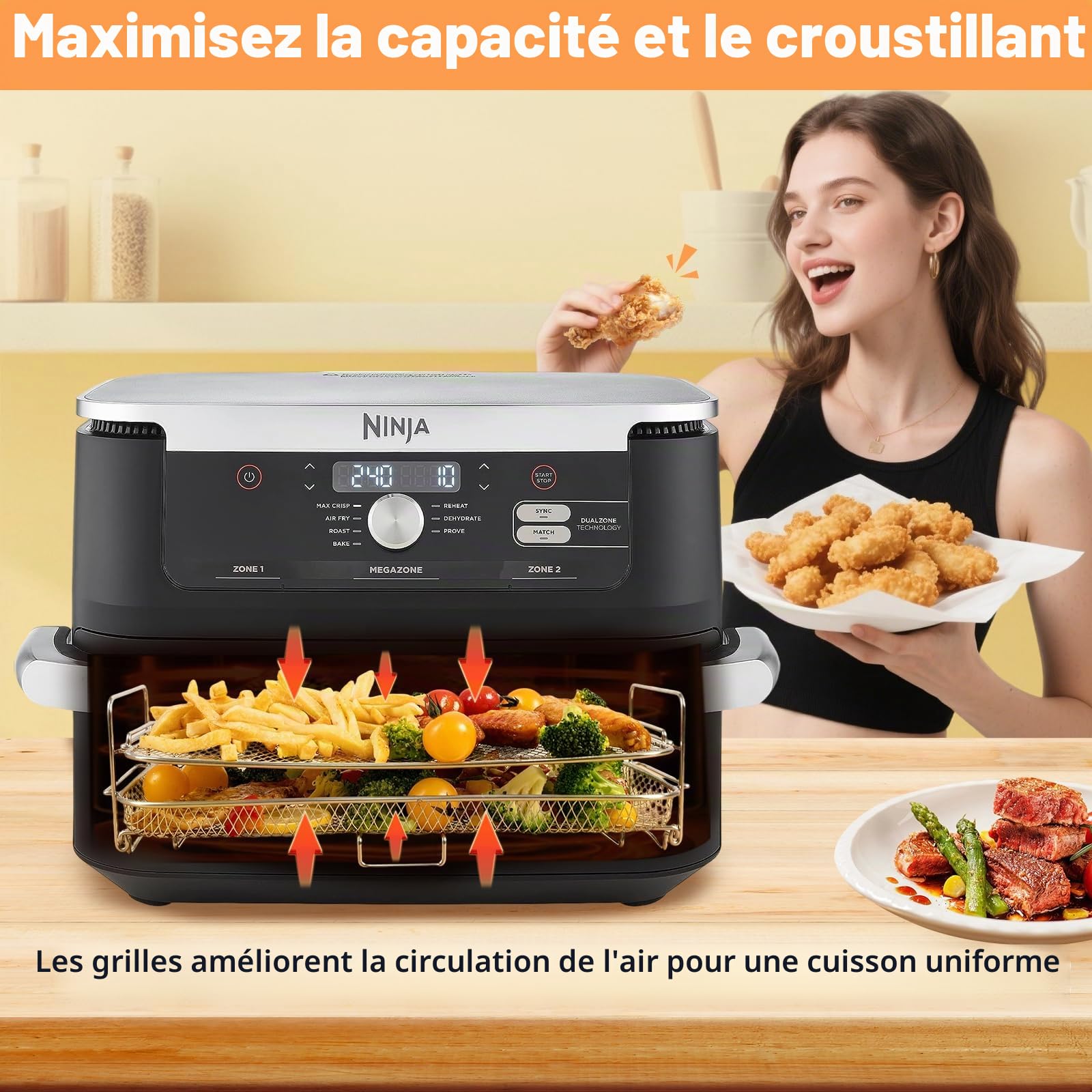ENSINE Accessoires Air Fryer pour Ninja Foodi FlexDrawer 10,4 L AF500EU, Grille Air fryer Compatible COSORI TWINFRY Dual Blaze 10L – Racks Airfryer 2-en-1 Empilables, Double Niveau, Inox Durable