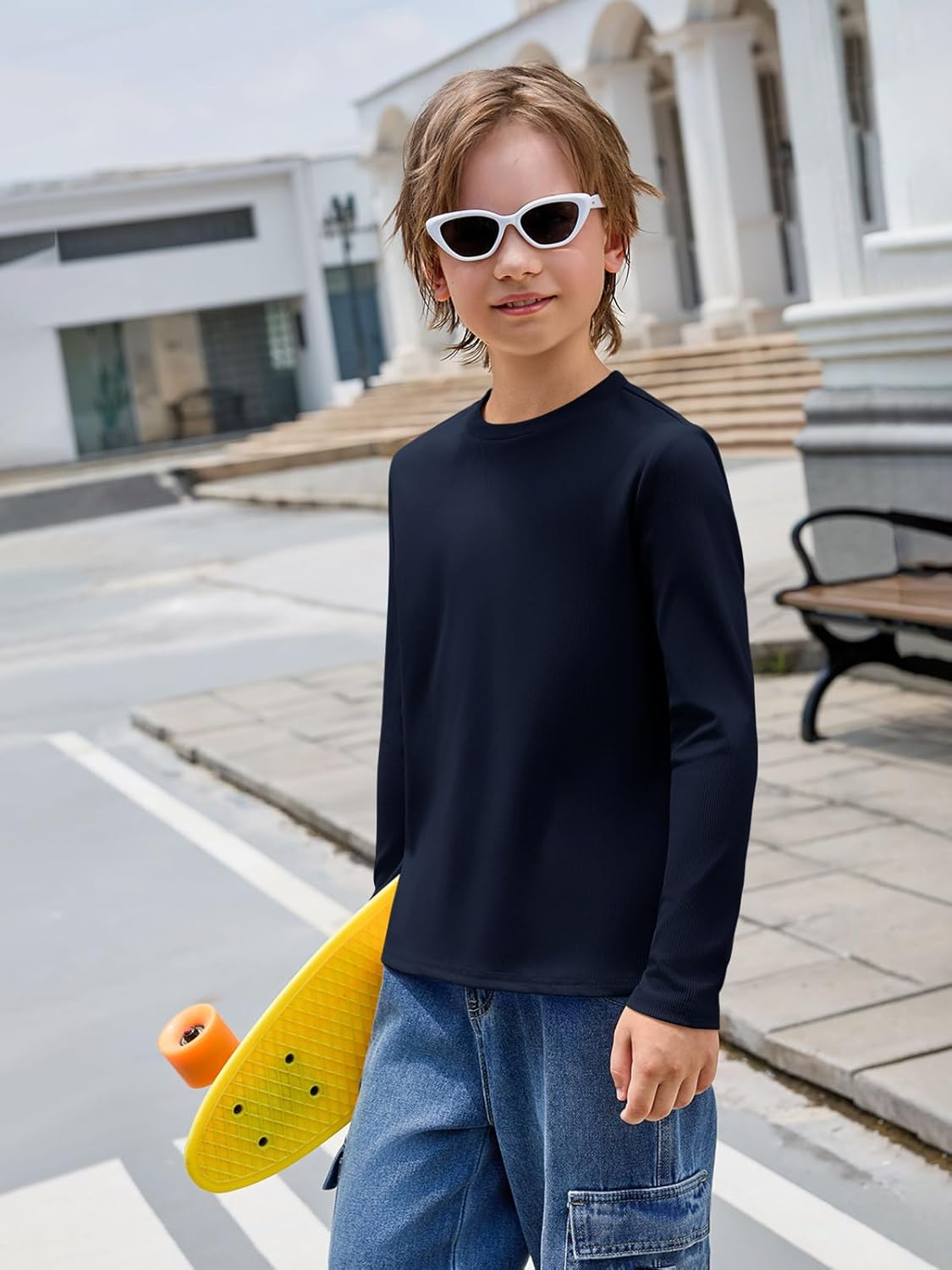 Haloumoning Boys Ribbed Long Sleeve Shirts Kids Casual Crewneck Solid Tops Tees 5-14 Years - Image 4