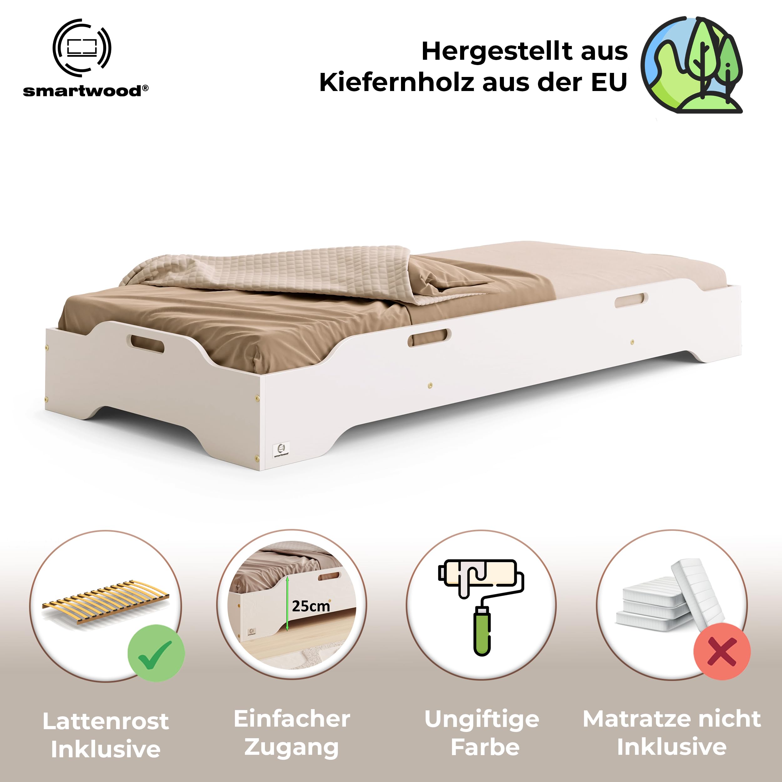 smartwood Stapelbett 90x200 cm mit Lattenrost, aus Holz, Weiß, TILA 8