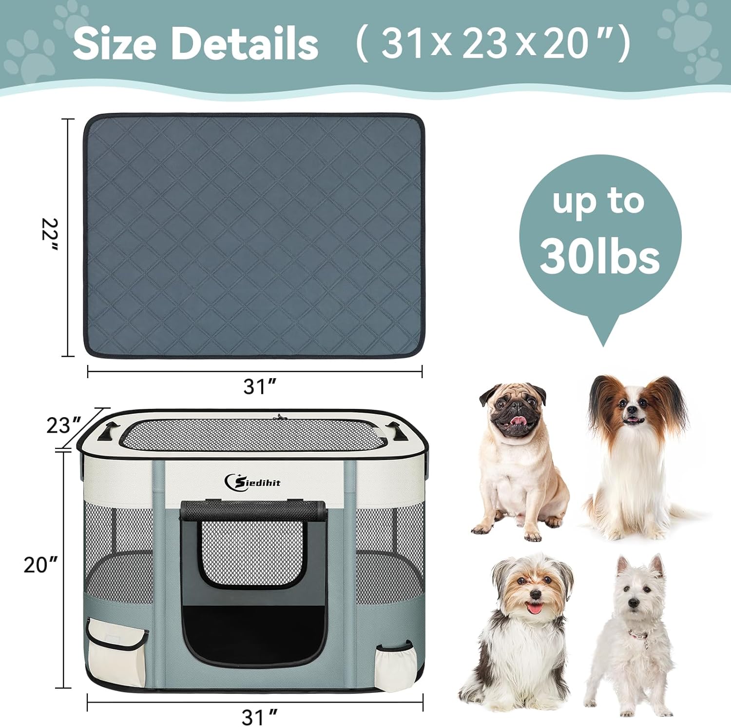 Dog Playpen,Cat Pet Puppy Pen,Portable Playpens for Dogs Indoor Outdoor Travel Camping Use,Foldable Dog Kennel Tent Crate for Rabbit Small Animals with Carrying Case (Grey with Pad, Medium)