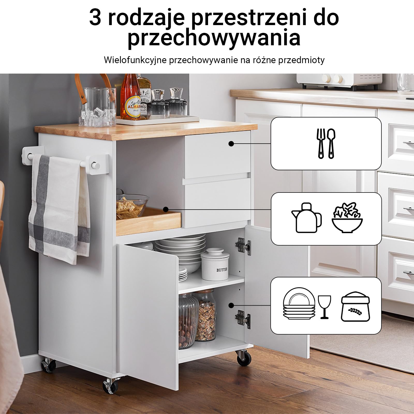 SoBuy FKW123-WN wózek kuchenny z blatem roboczym, wózek do serwowania na kółkach, do kuchni, salonu, jadalni, biały, szer. x wys. x gł.: ok. 72 x 84 x 40 cm