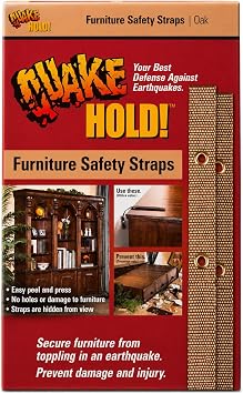 QuakeHold! Furniture Strap Kit for Earthquake Safety and Anti Tip Protection, Adjustable Furniture Wall Anchor Straps for Bookcases, Cabinets, Dressers, Entertainment Centers and Shelving, Oak