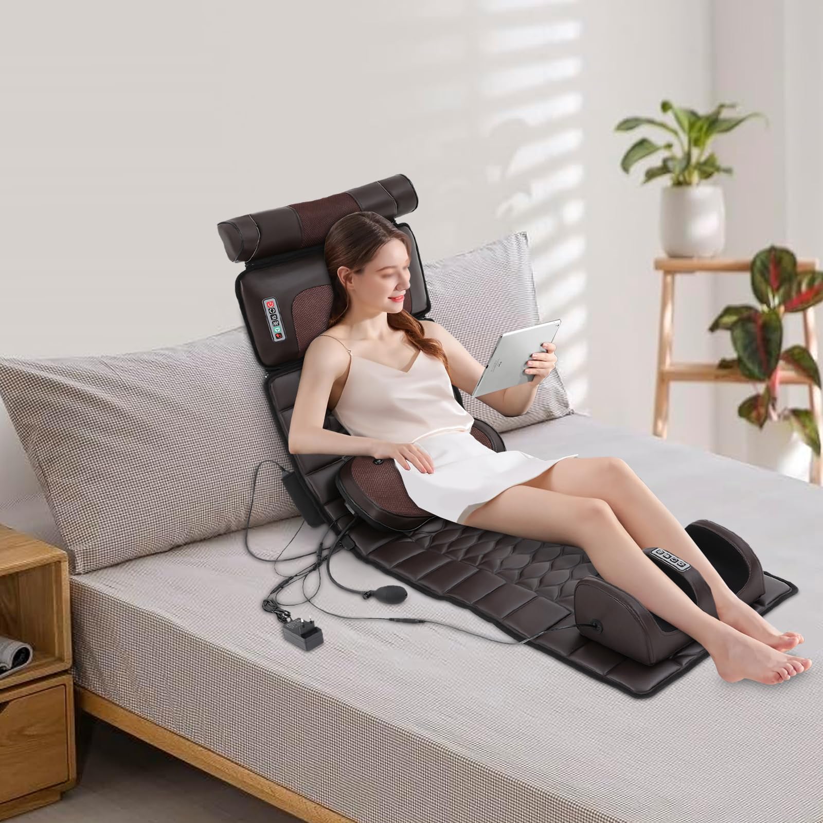 Masajeador de cuerpo entero, asiento de masaje multifuncional, estiramiento corporal 3D y tracción lumbar con reposacabezas de masaje cervical extraíble, airbag lumbar y masajeadores de