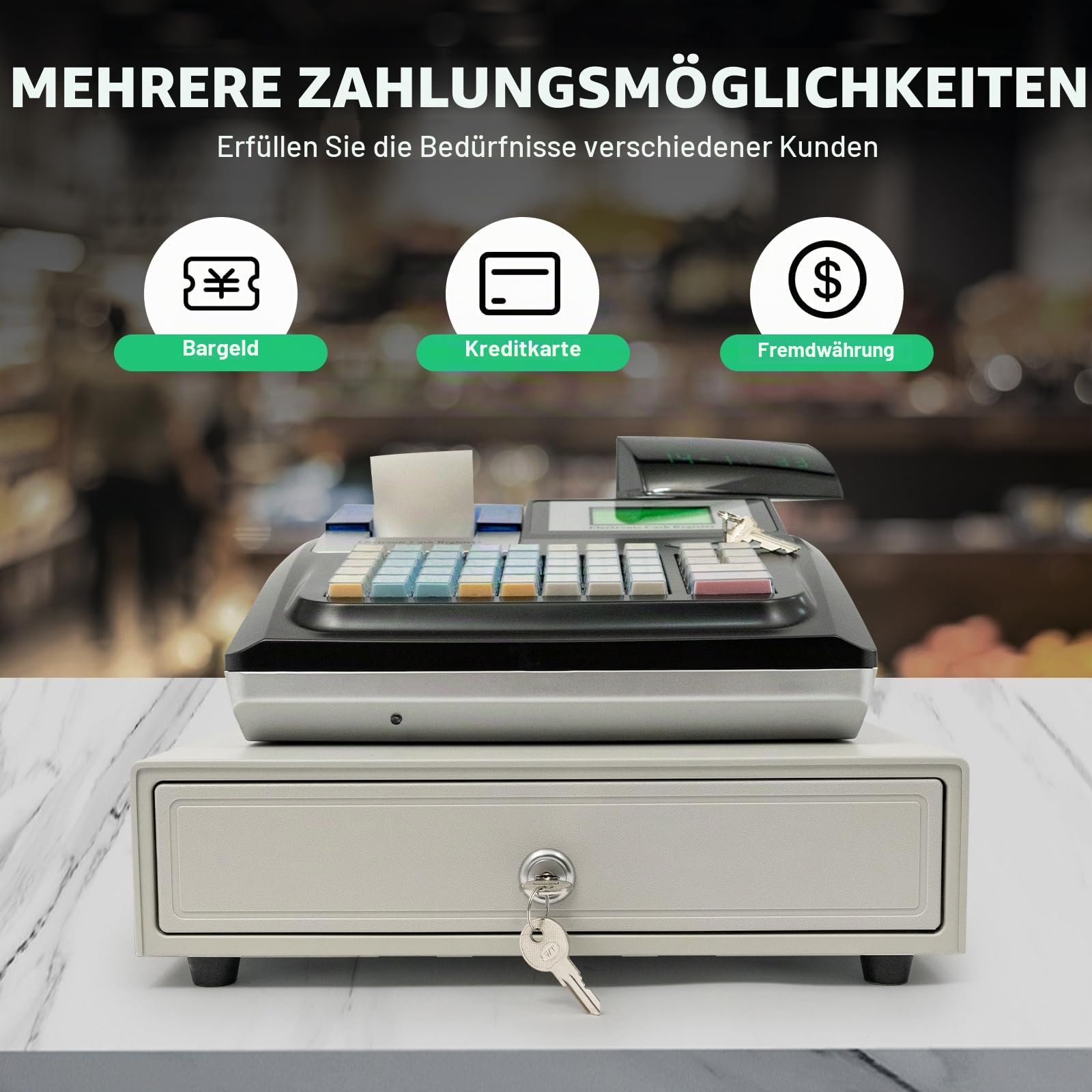 Elektrische Registrierkasse, LED Display 48 Tasten Registrierkasse, 100-240V Registrierkasse mit 36 Abteilungen, Registrierkassen für Einzelhändler, Lebensmittelmärkte, Metzgereien, Supermärkte