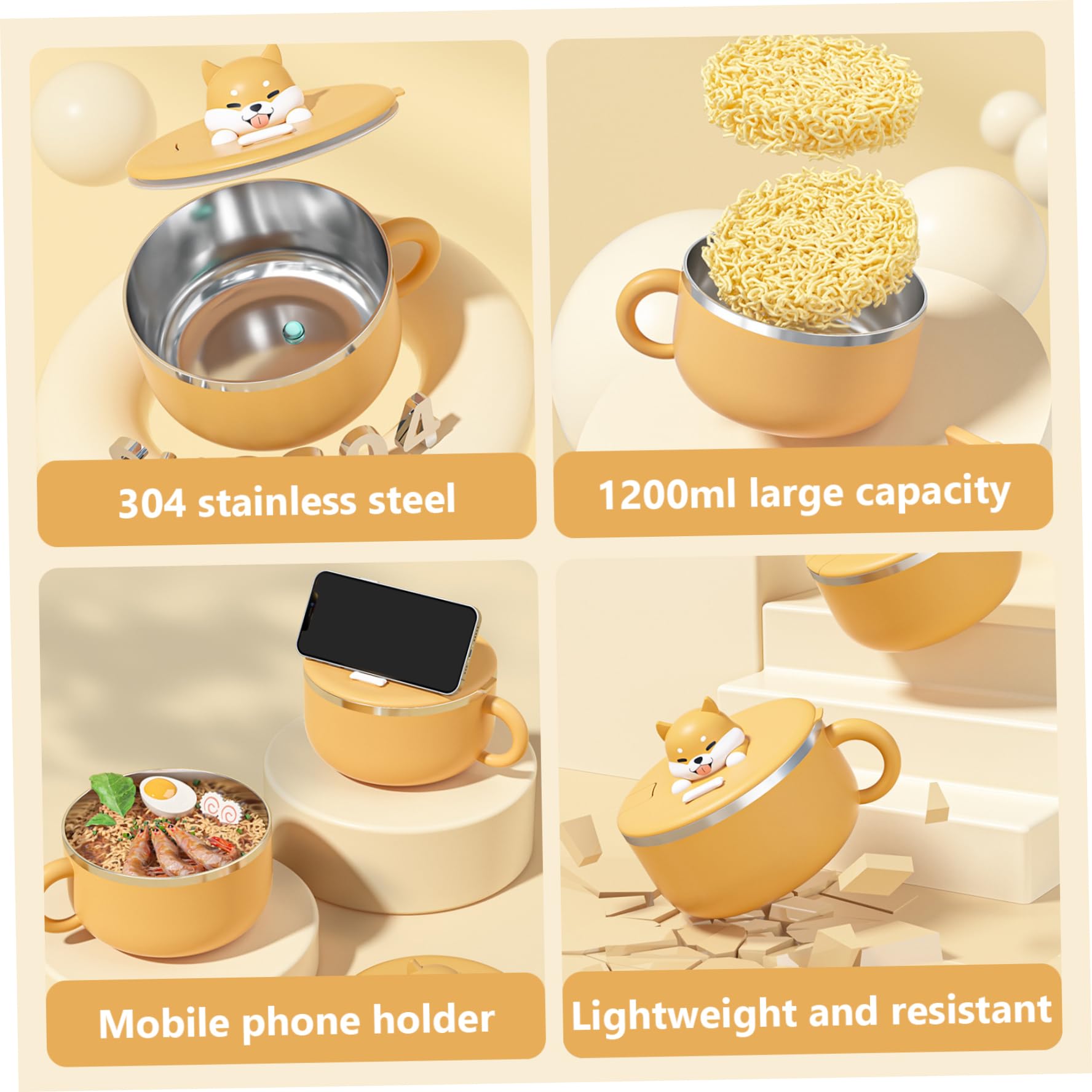 Ramen bol avec couvercle, bol de nouilles instantanées, bol de ramen de 1200 ml avec poignée et couvercle cuiseur ramen portable avec salade de cuillère à lunch basse de cuisine bol pour dortoir à la