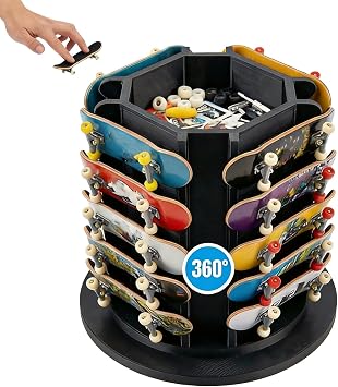 Fingerboard Display Rack Holder,360 Rotating,Pro Finger Skateboard Organizer for 20 Decks and Accessories,with Center Storage,Desktop Storage Tower for Fingerboard and Mini Collectibles,Heavy Duty