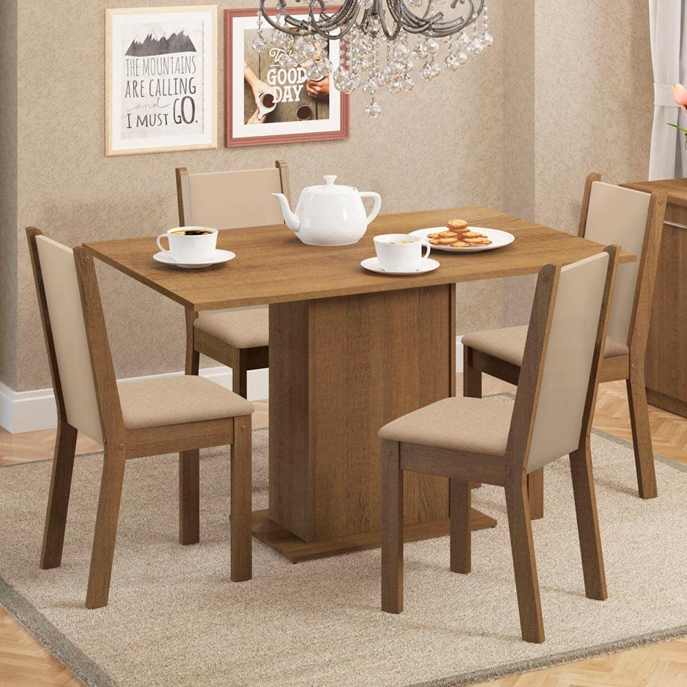 Madesa 4 Seater Dining Set with Cushioned Seats Rectangular Table Top Sturdy Wooden 104 Cm for Dining Room and Kitchen - Brown/Beige-image-39