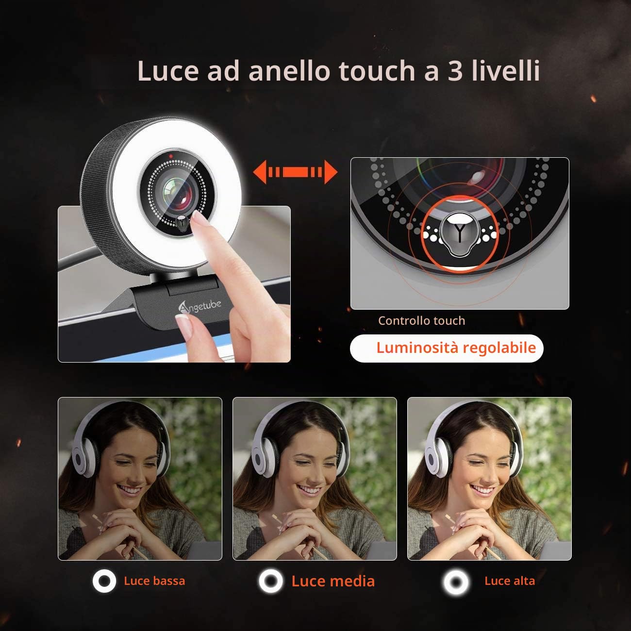 Angetube Streaming HD webcam 1080P con anello di luce, 967 USB PC autofocus webcam con doppio microfono,videocamera per Mac Windows portatile per conferenze e giochi Xbox Skype OBS Twitch Youtube