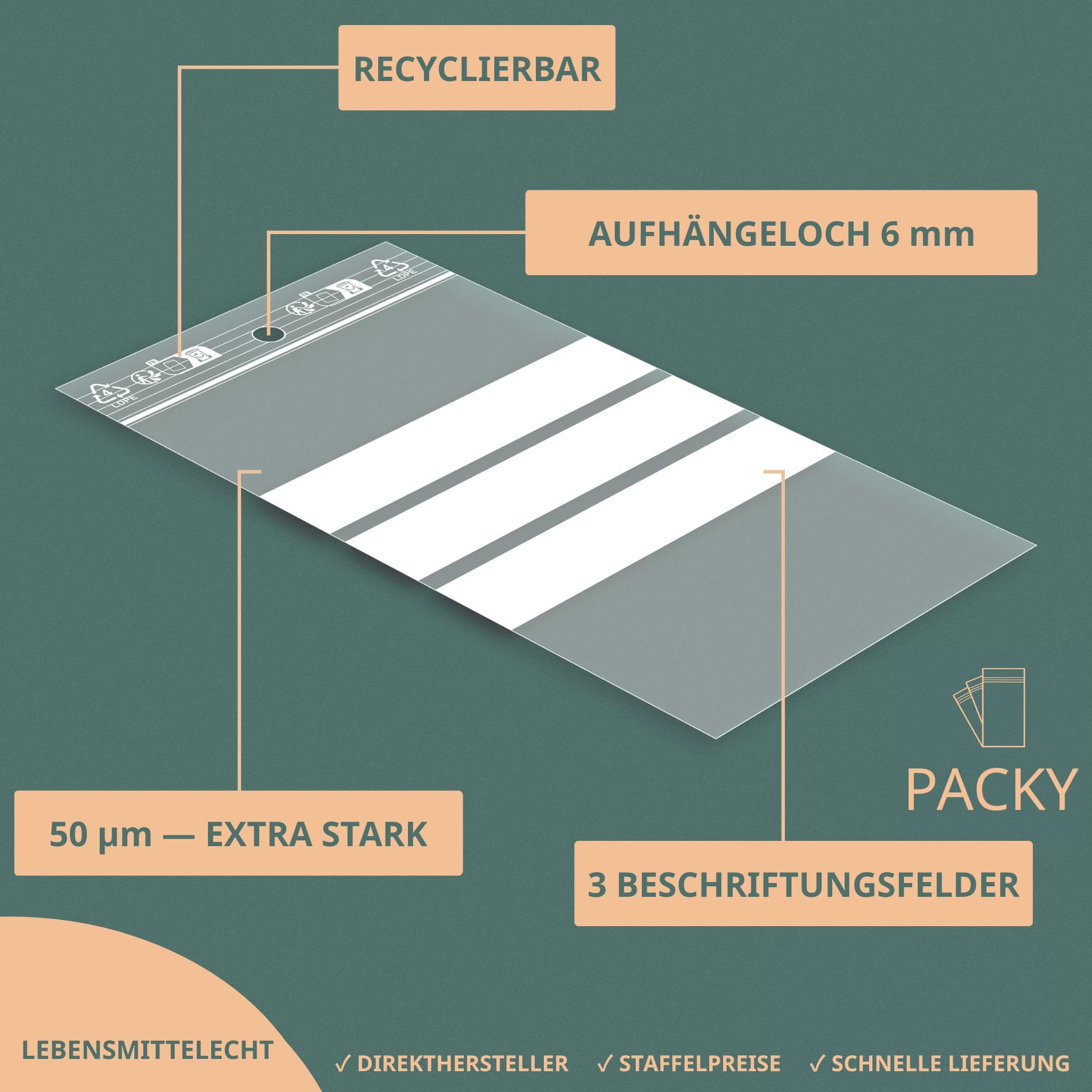 PACKY - Zip Beutel 10x15 cm - 1000 Stück - Druckverschlussbeutel 3 Streifen - Transparent