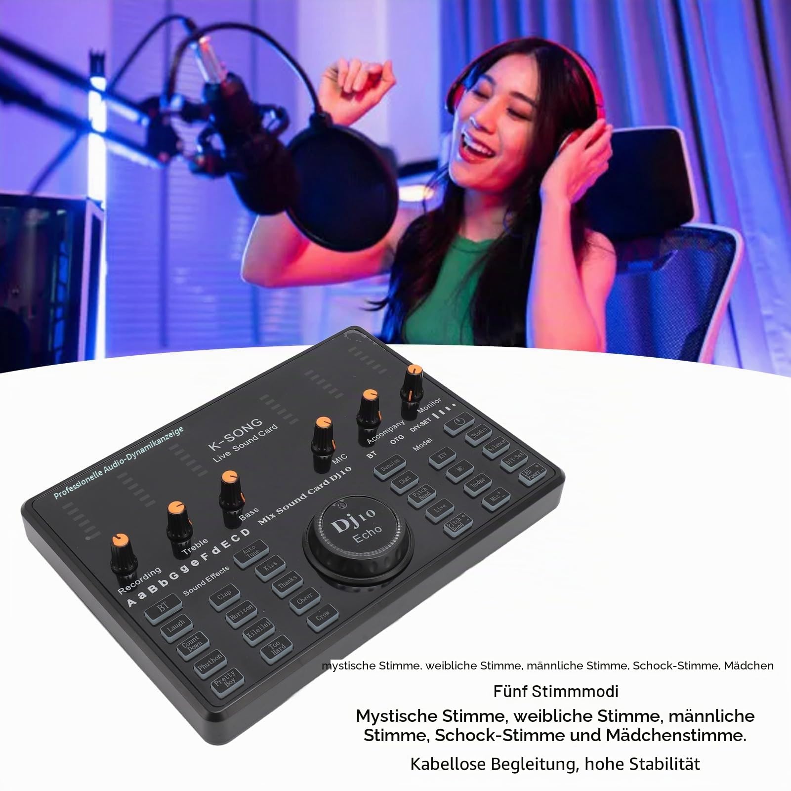 Live-Soundkarte, 12 Arten von Soundeffekt-Soundboard-Sprach Wechsler, Unterstützung 2 Mic, Podcast-Geräte-Bundle für PC-Gaming-Live-Streaming-Podcast