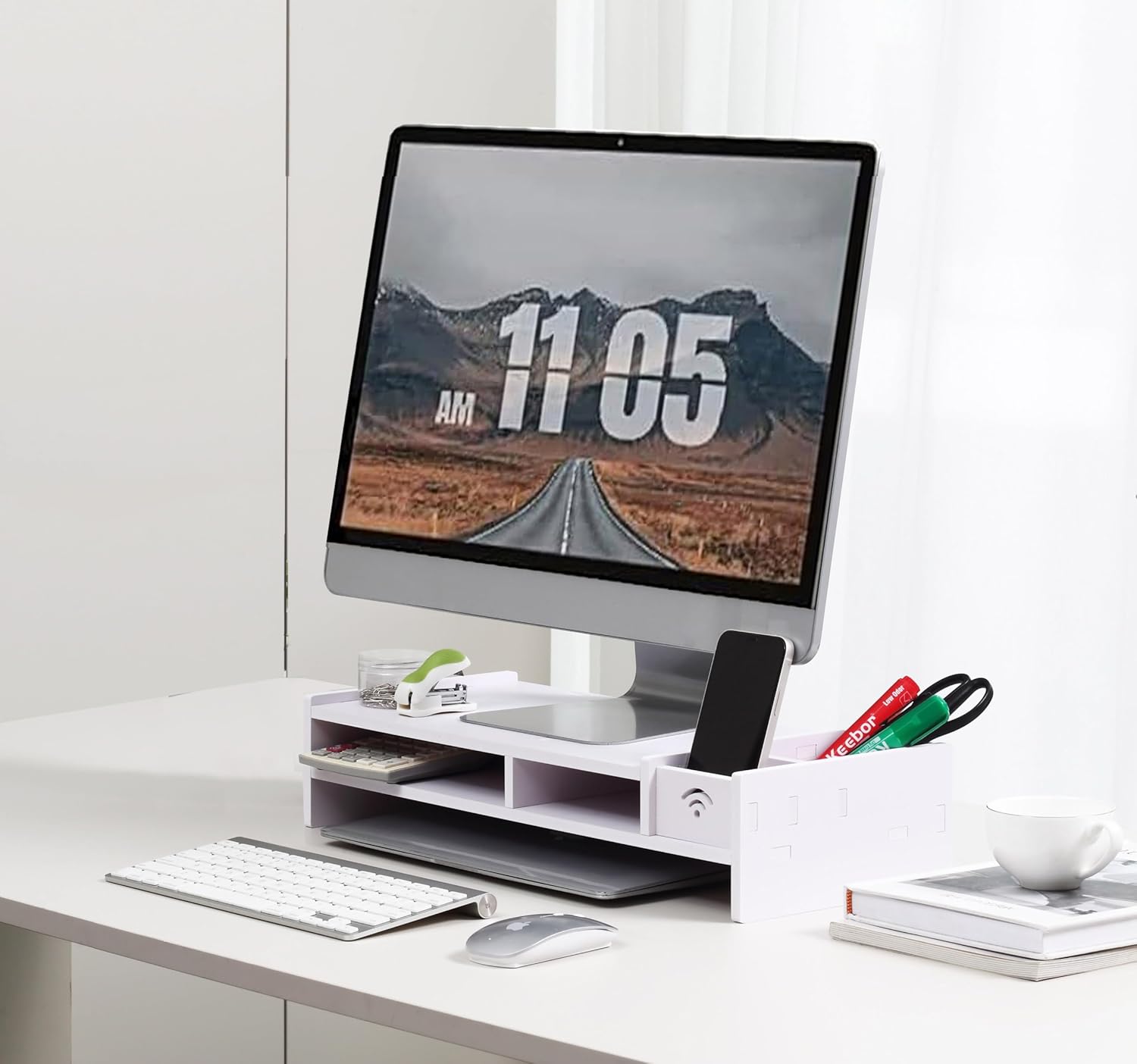 Monitor Stand Riser, Laptop Riser Shelf with Organizer Drawer (White, 19 L x 8 W x 4.6 H)