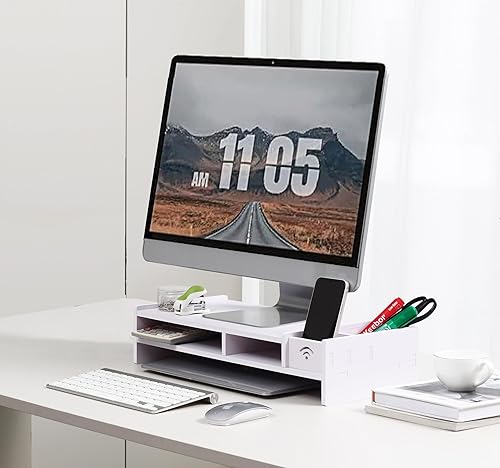 Soporte elevador para monitor, estante elevador para laptop con cajón organizador (blanco, 19 pulgadas de largo x 8 pulgadas de ancho x 4 pulgadas