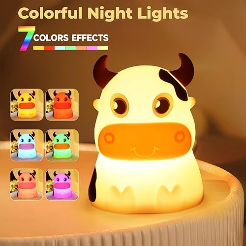 Miniatura 2 de AVEKI Luz nocturna para niños, lámpara de noche portátil con control de grifo, modo de 7 colores, lindo animal vaca, lámpara de noche LED para