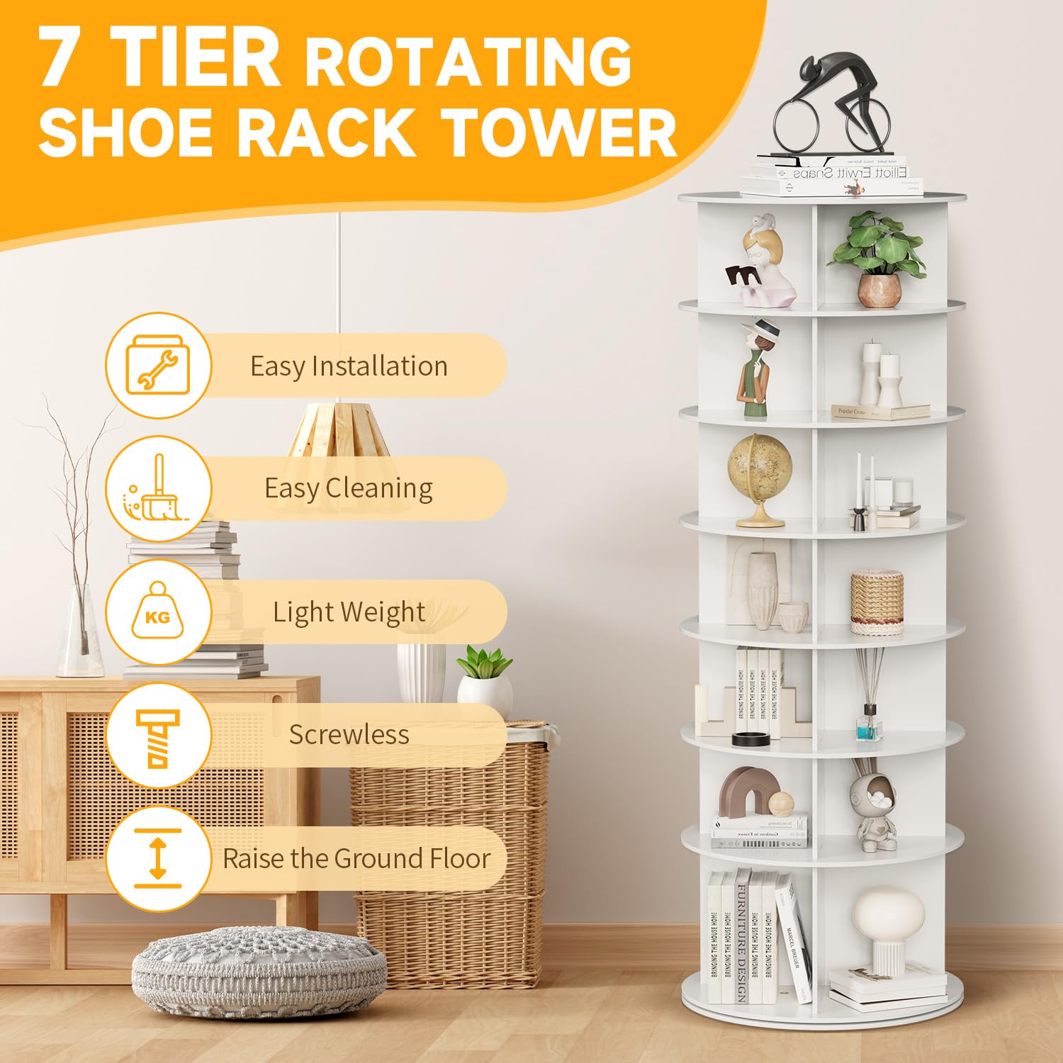 MYOYAY Estante giratorio para zapatos, torre giratoria de 7 niveles, exhibición de zapatos Lazy Susan de 360 grados, organizador de bolsos vertical redondo, ahorra espacio, sostiene más de 28 pares de