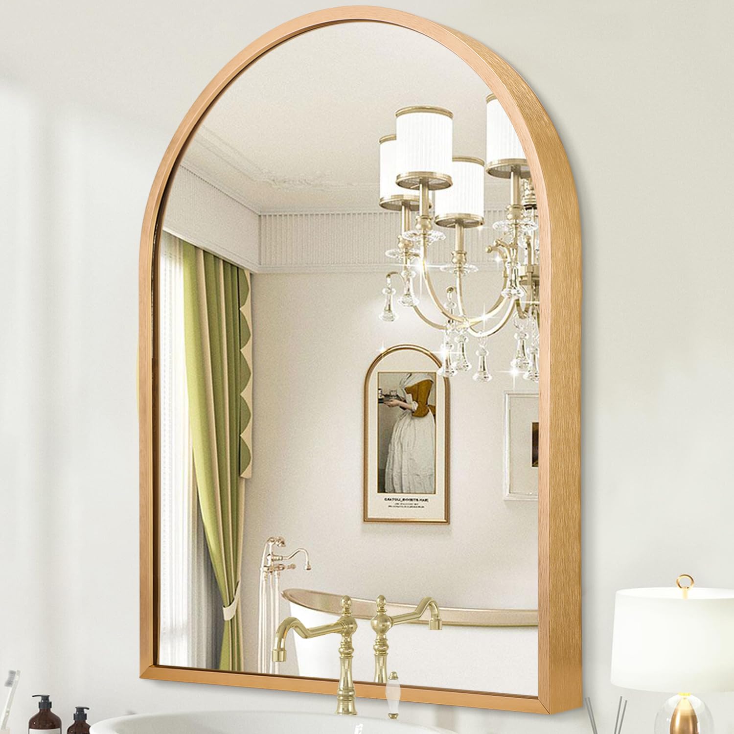 HLFMVWE Large Arched Wall-Mounted Mirror Gold Arch Mirror Aluminum Alloy Frame Bathroom Mirror for Vanity Living Room, Bedroom, and Entryway 50 x 40cm