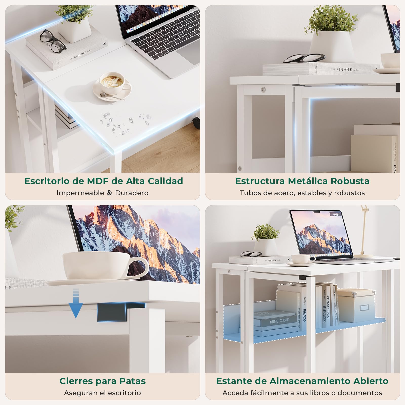 Escritorio Plegable Pequeño con Ruedas y Estante de Almacenamiento, Mesa de Estudio Moderna, Fácil de Montaje y Ahorro Espacio para Casa Oficina, 80 x 50 x 75 cm (Blanca)