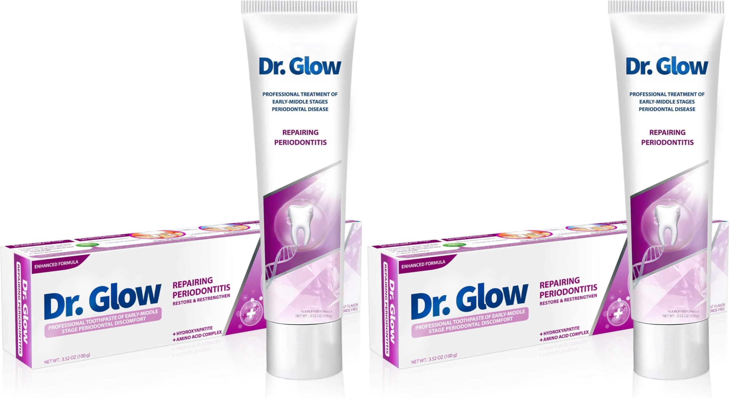 Dr. Glow Dentifrice Réparation pour Gencives Rétractées et Sensibles, Gingivite et Parodontite, Soins des Gencives Saignantes, Protection, Sans Fluor 100g (Lot de 2)
