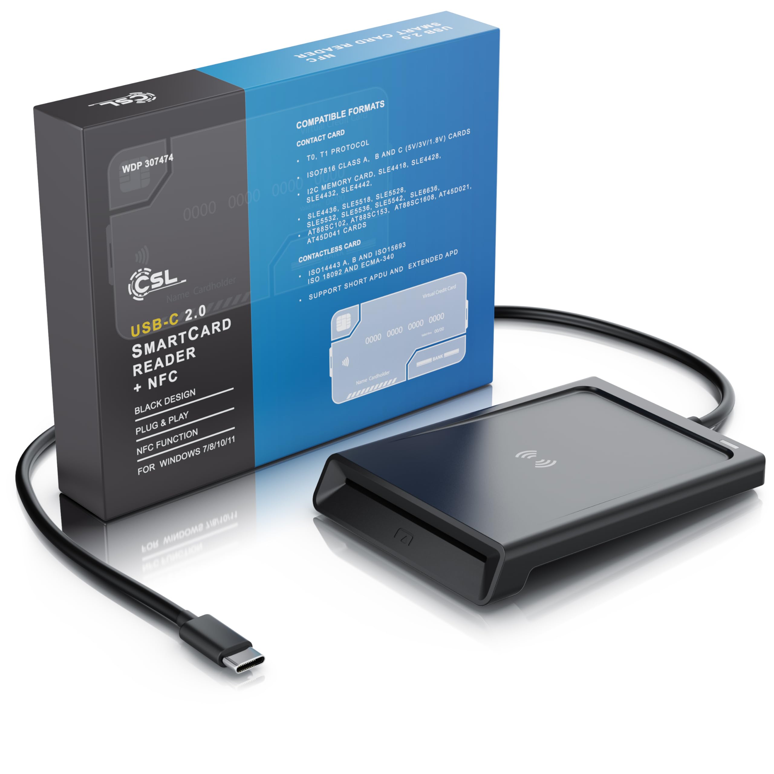 CSL - USB C Personalausweis Lesegerät mit NFC - Chipkarenleser SIM - Dual Mode (NFC und Kartenslot) - Kartenlesegerät - Win 10-11 - für den neuen Personalausweis Gesundheitskarte Keine EPA Bankkarten