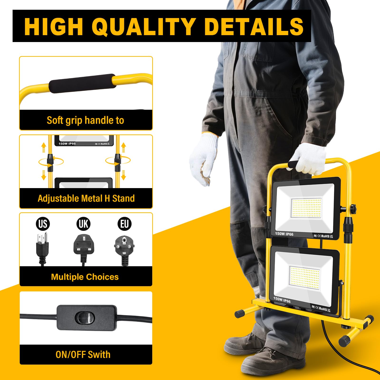 SKYWOLRD 300W LED Baustrahler 30000LM Arbeitsscheinwerfer mit Stecker | Baustellenlampe mit 5M Kabel, 6000K Kaltweiß Wasserdicht Tragbar Baulampe Bauscheinwerfer für Werkstatt Baustelle Garage