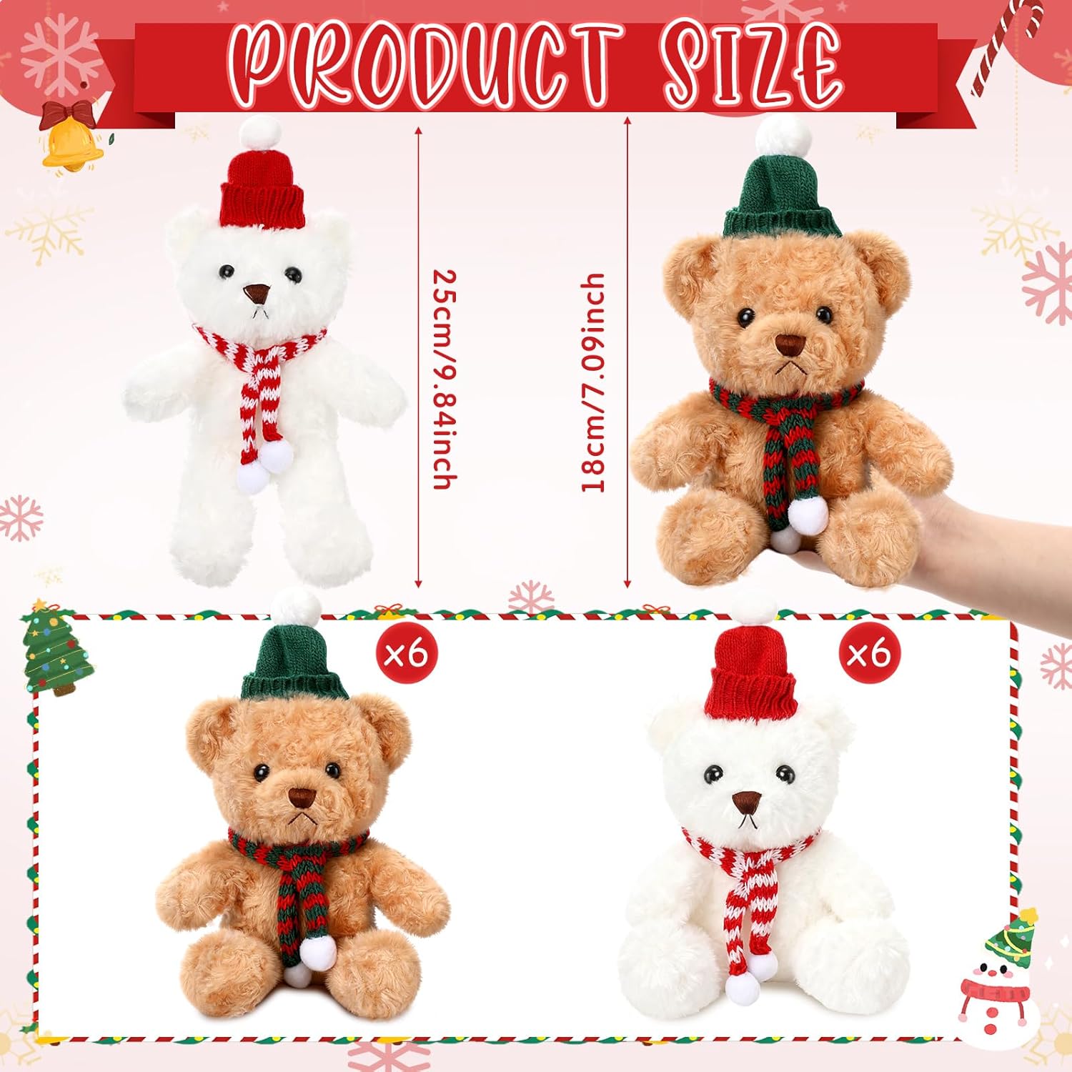 Hungdao 12 Pcs Christmas Bear Stuffed Animal Plush Toys Bulk 9.84 Inch Small Cute Bear with Hat Scarf Adult Gifts for Christmas Birthday Party