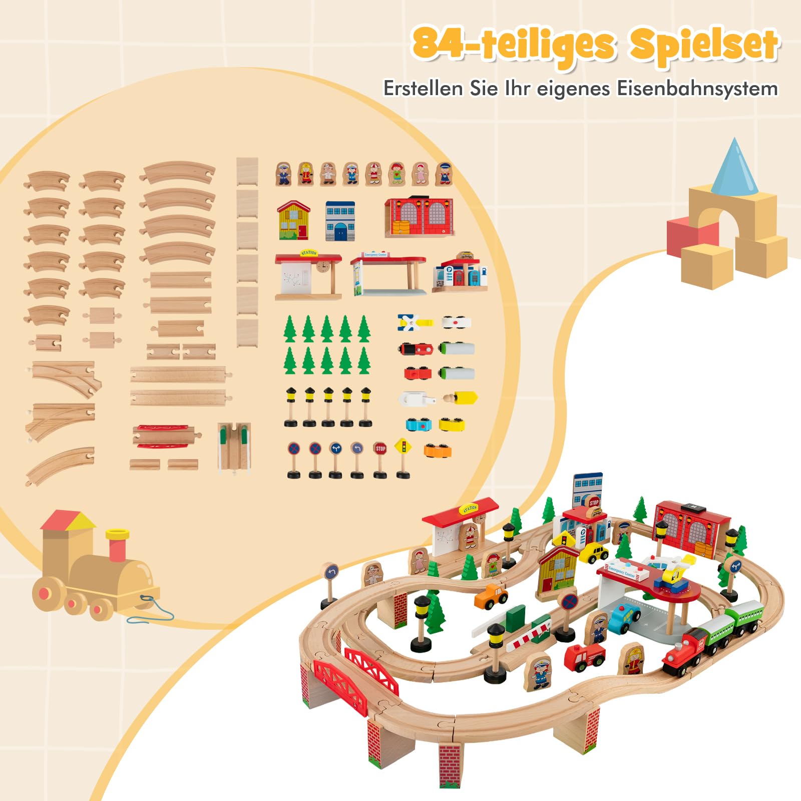 GOPLUS Spieltisch mit 84 Spielzeugteile, Kinder Eisenbahn Set mit Schublade & Umkehrbare Arbeitsfläche, Kinderaktivitätstisch zum Spielen, Bauen & Basteln für Kinder ab 3 Jahren