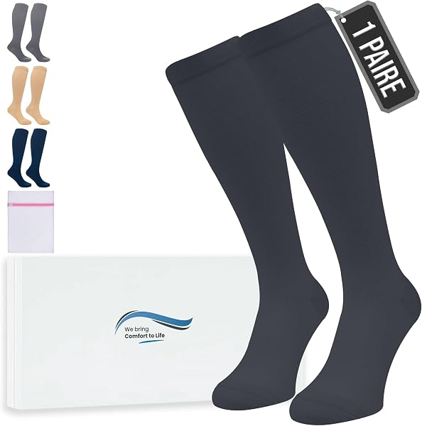 360 Relief Bas de Contention - 1 Paire Couleur Unie Chaussettes de Compression Femme et Homme - Idéales pour Vols, Voyages et Sports - L/XL Noir avec sac de lavage en maille - 1