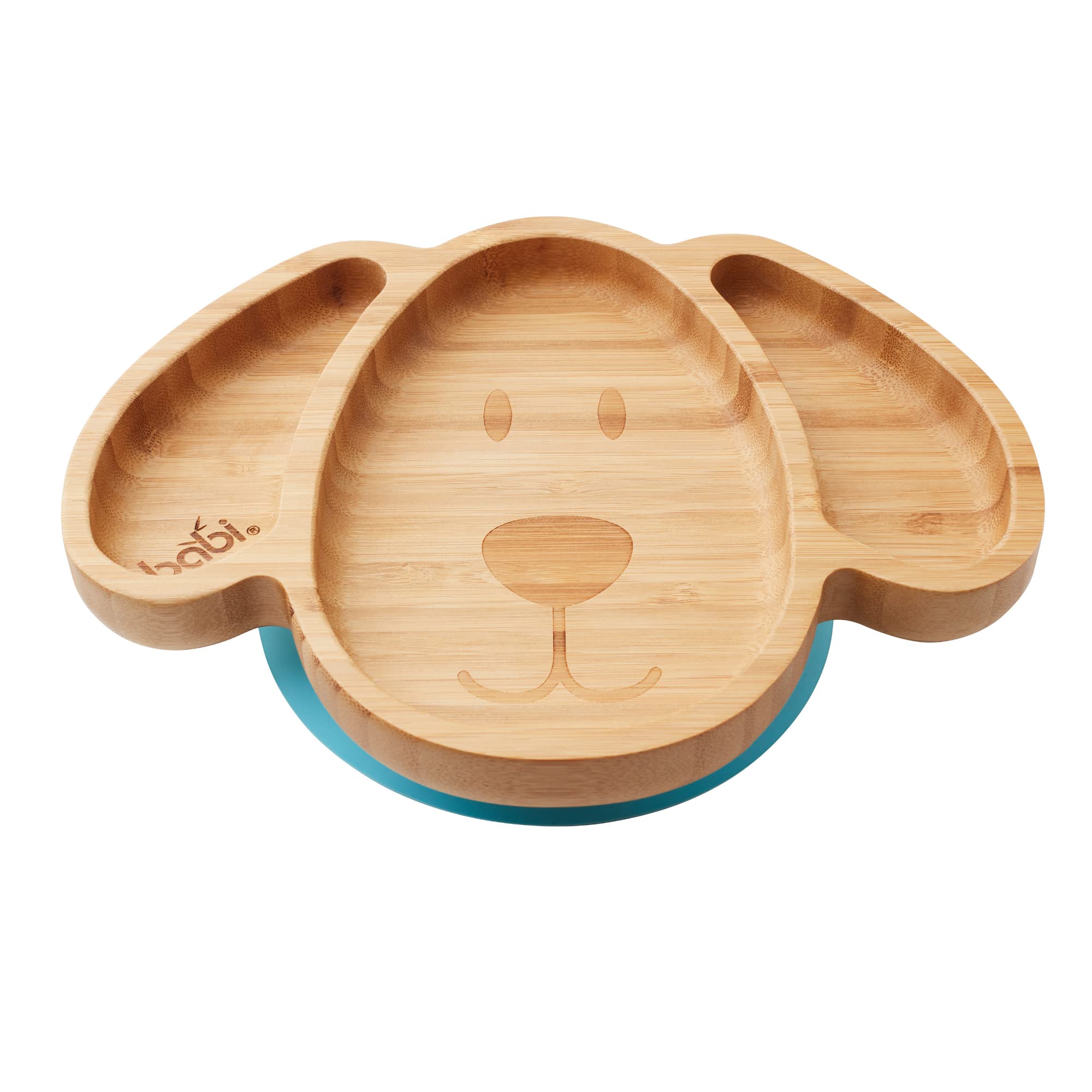 BABI® Baby Toddler Large Dog Plate, Natural Bamboo, with Stay Put Silicone Suction Ring (Blue)