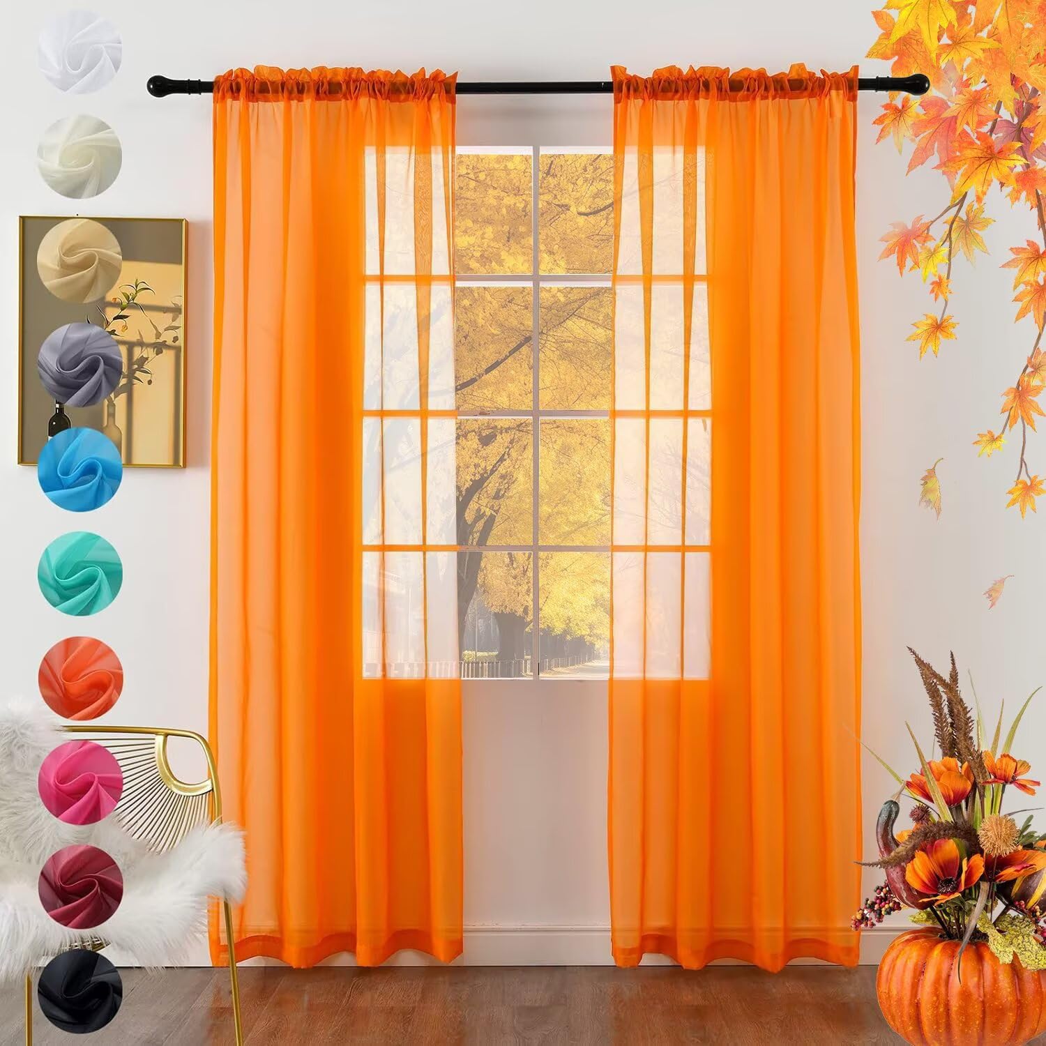youleyar Solid Sheer Rod Pocket Curtain Voile Draperies 2 Panels White Beige Orange Grey Coffee 60 Inch Width 72 Inch Long 1 Pair for Kitchen Bedroom