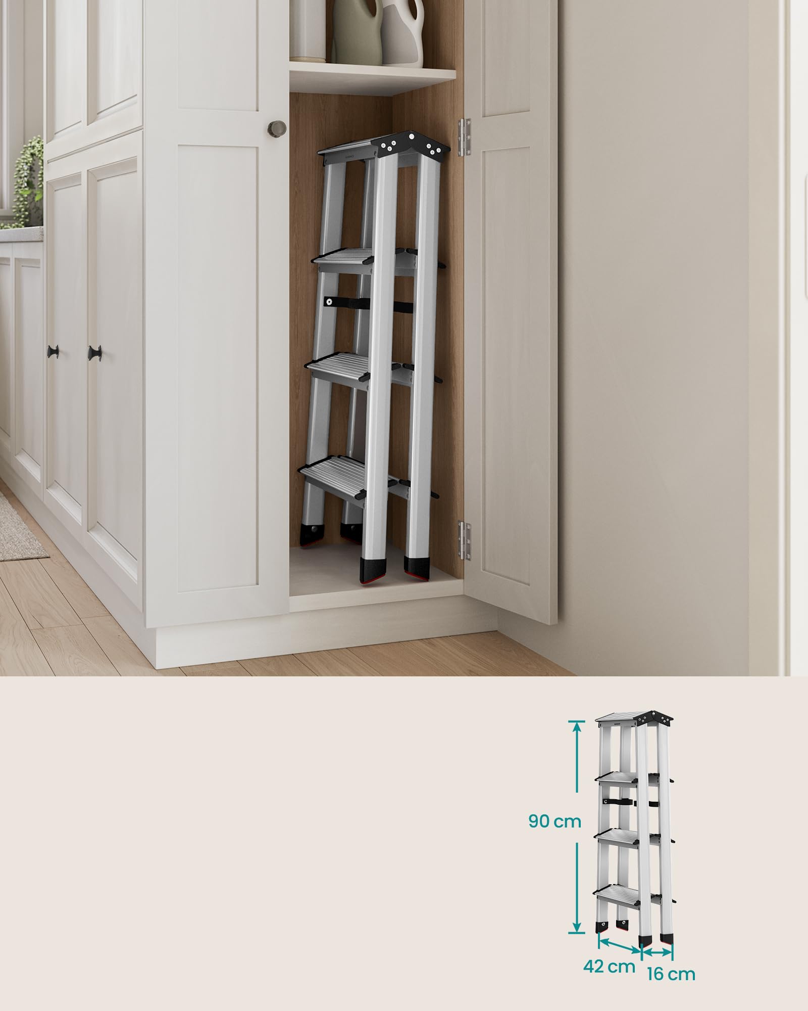 SONGMICS Drabina, schody, drabina aluminiowa z 4 antypoślizgowymi stopniami, składana, schody, drabina wielofunkcyjna, nośność do 150 kg, srebrno-szary atrament czarny GLT014E01
