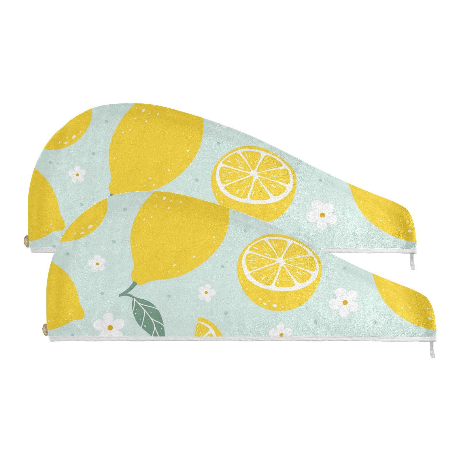 Lemon on Light Blue Background Hair Towel 2 Pack, Super Absorbent Hair Drying Towel Quick Dry Hair Turbans Head Towel with Button Twisty Wrap for Women Girls