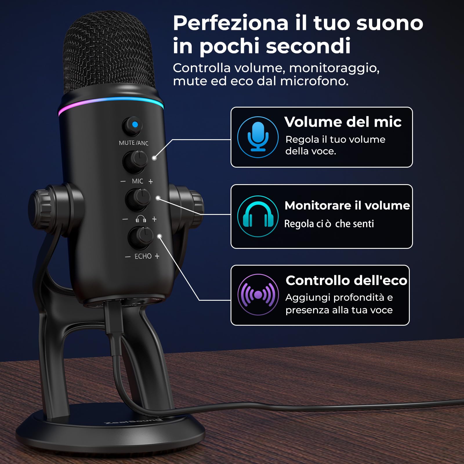 zealsound Microfono USB, microfono per podcast plug & play per PC e telefono, Z5 | con cancellazione del rumore, mute e guadagno, microfono a condensatore da tavolo per streaming, gaming e ASMR