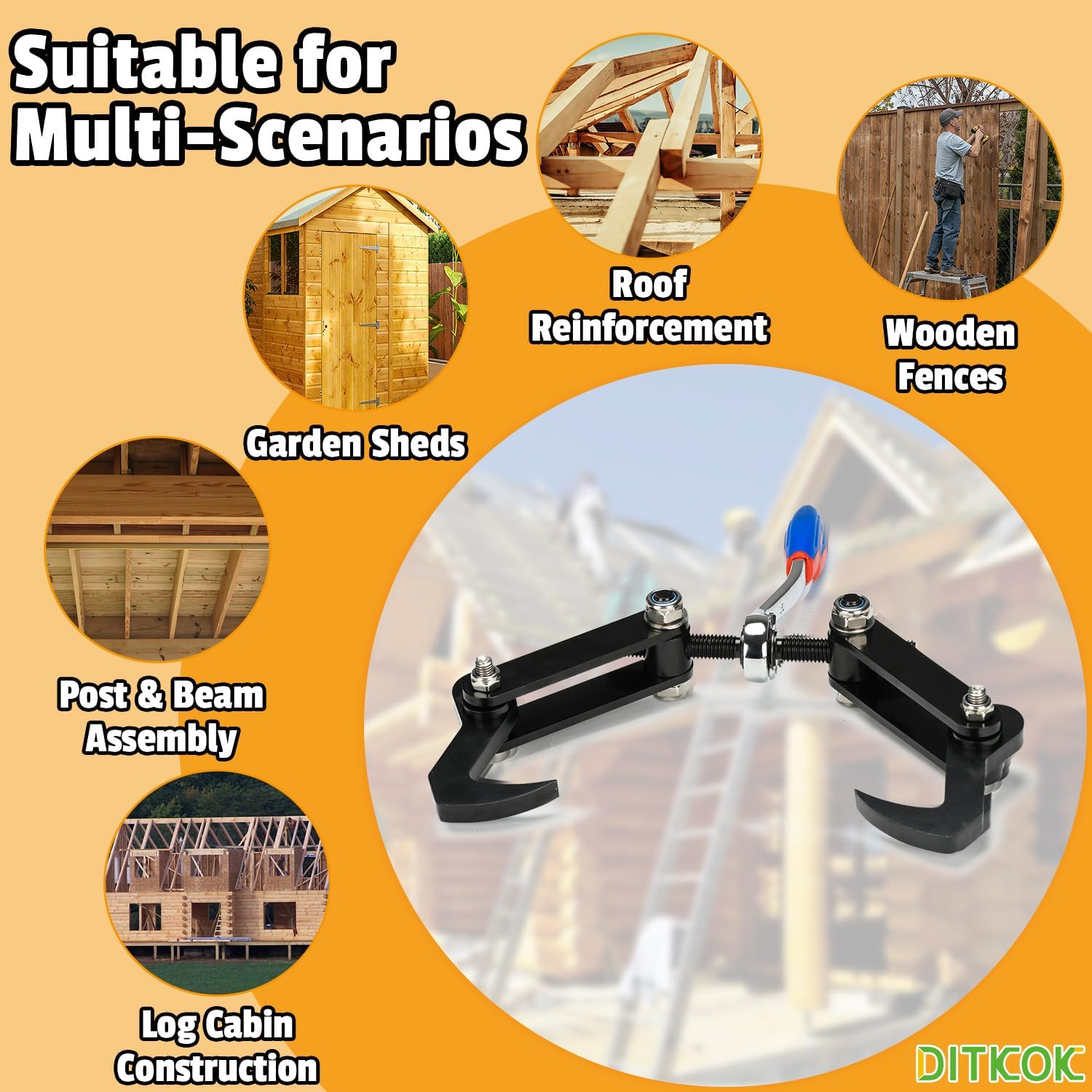 Heavy Duty Beam Puller Tool with Iron Hooks, Wall Puller Framing Tool with Ergonomic Reversible Ratchet, Framing Puller For Mass Timber, CLT, Post & Beam, and ZIP Panels, Clamping Travel 4.53"