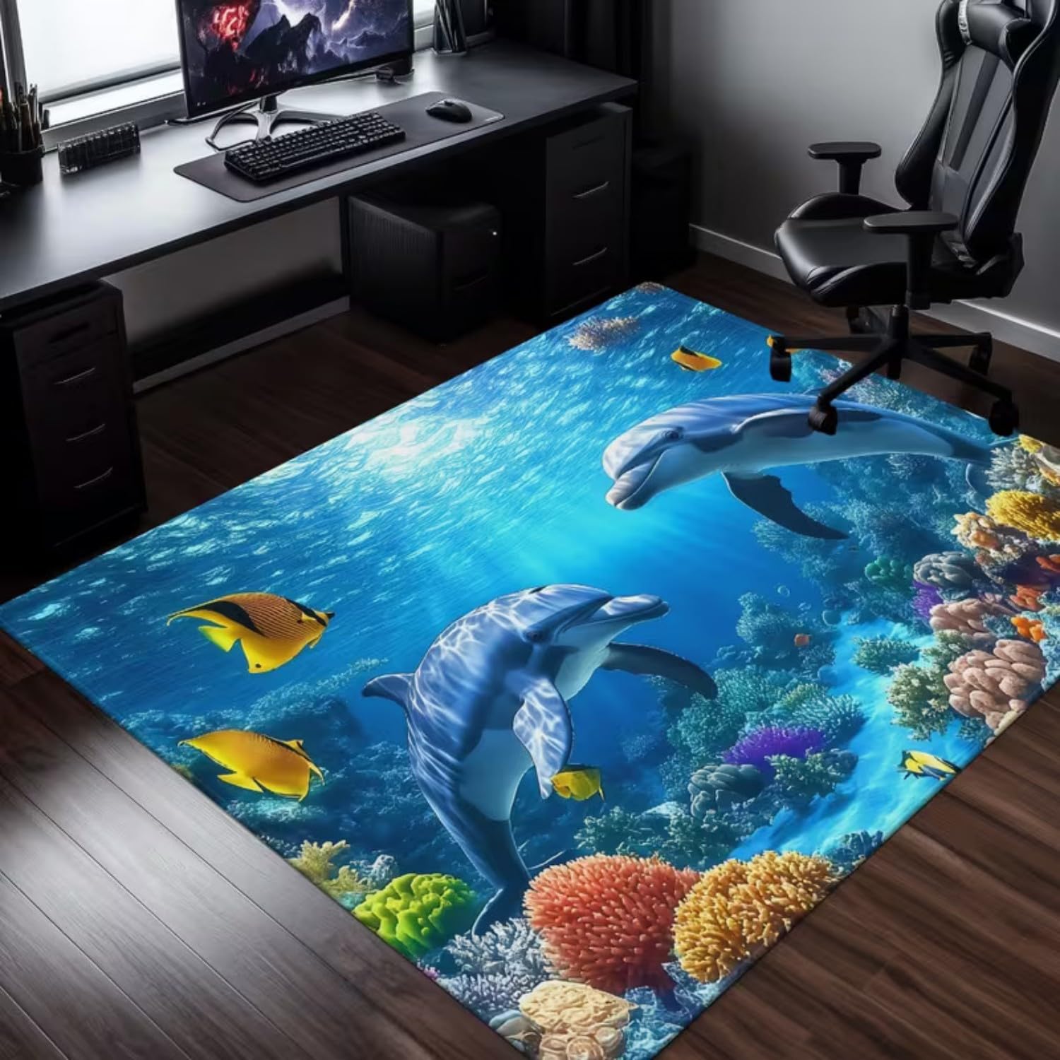 3D Delfine Teppich Buntes Korallenriff, Helle Ozean Unterwasserwelt, rutschfest & Pflegeleicht, Dekorativer Wohnzimmerteppich, Schlafzimmerteppich Blau - 70x140cm