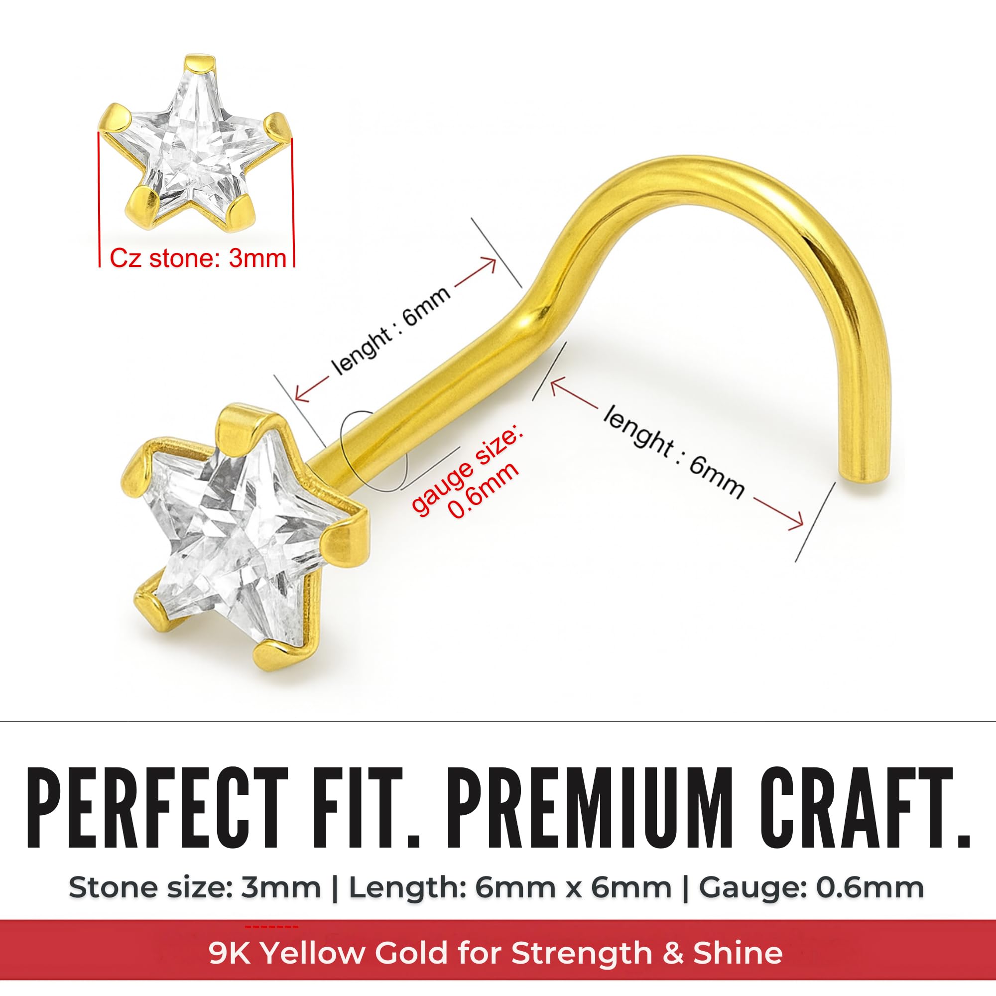 Monster Piercing 9K Gold Echtgold | Nasenpiercing Nasenstecker Stud | Stern | Stabstärke: 22G (0,6 mm) | Stablänge: 7mm | Kristallstein: 3mm | Hypoallergen