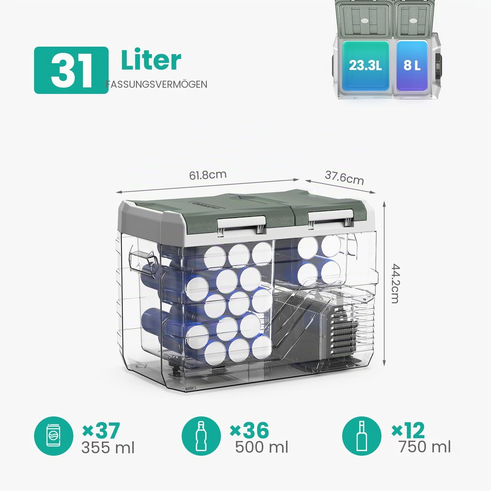 Alpicool 31L Kompressor Kühlbox Elektrisch, Zwei Zonen Kühlschrank Gefrierbox Tragbarer 12V 230V, Tragbarer Kühlbox für Auto, Camping, Angeln, Fahrten, Lkw, Boot, -20℃-20℃