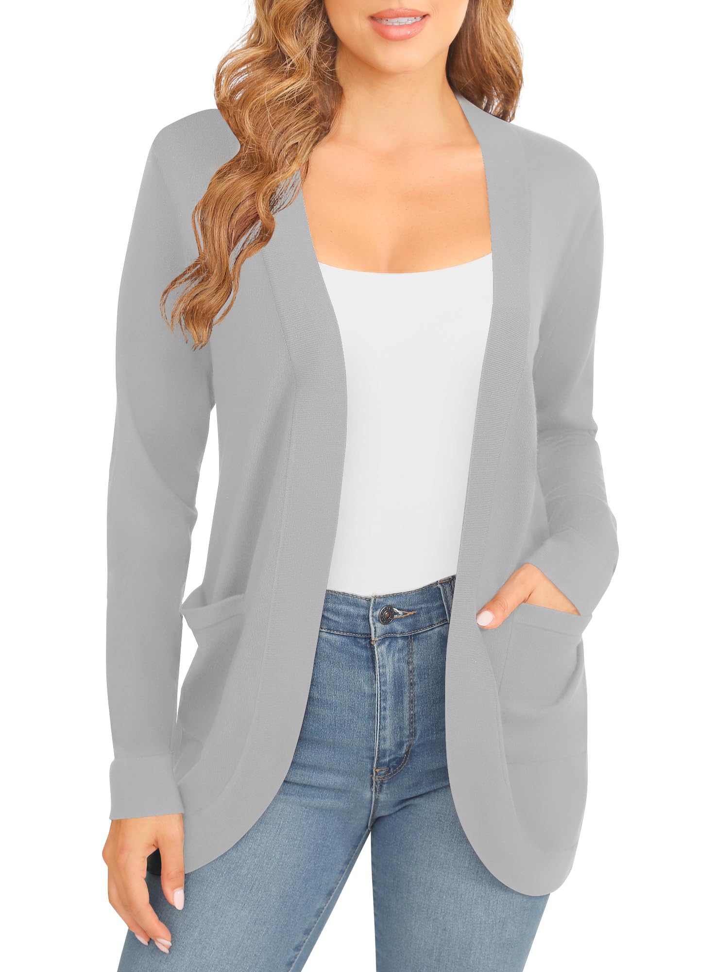 Mujeres Elegante Ligero Manga Larga Cardigan Dobladillo Curvo Frente Abierto Punto Suéter con Bolsillos