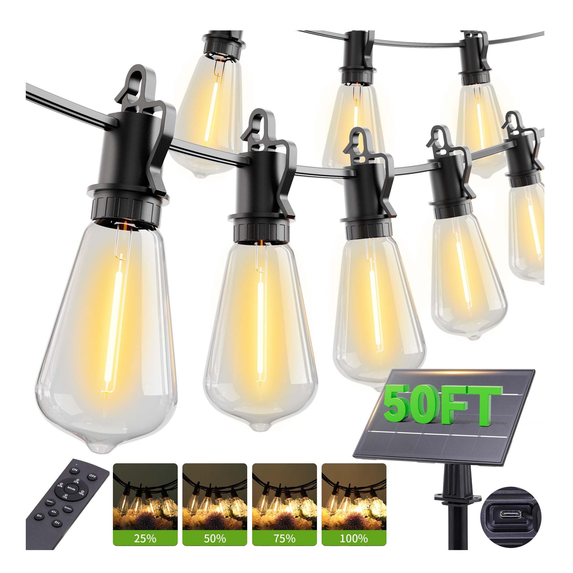 Guirnalda de luces solares de 50 pies para exteriores con control remoto, IP65 impermeable, inastillable, ST38, 15 bombillas LED, luces colgantes exteriores regulables de 2700 K para patio