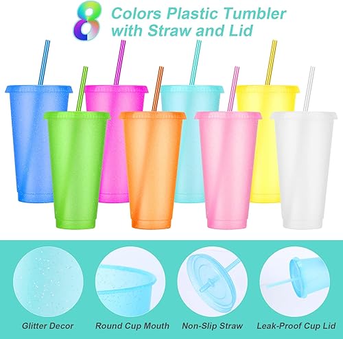 Vista 19 de Paquete de 24 vasos de plástico con tapas y popote, vasos reutilizables con tapas y pajillas, vasos coloridos para bebidas frías, café helado, vasos