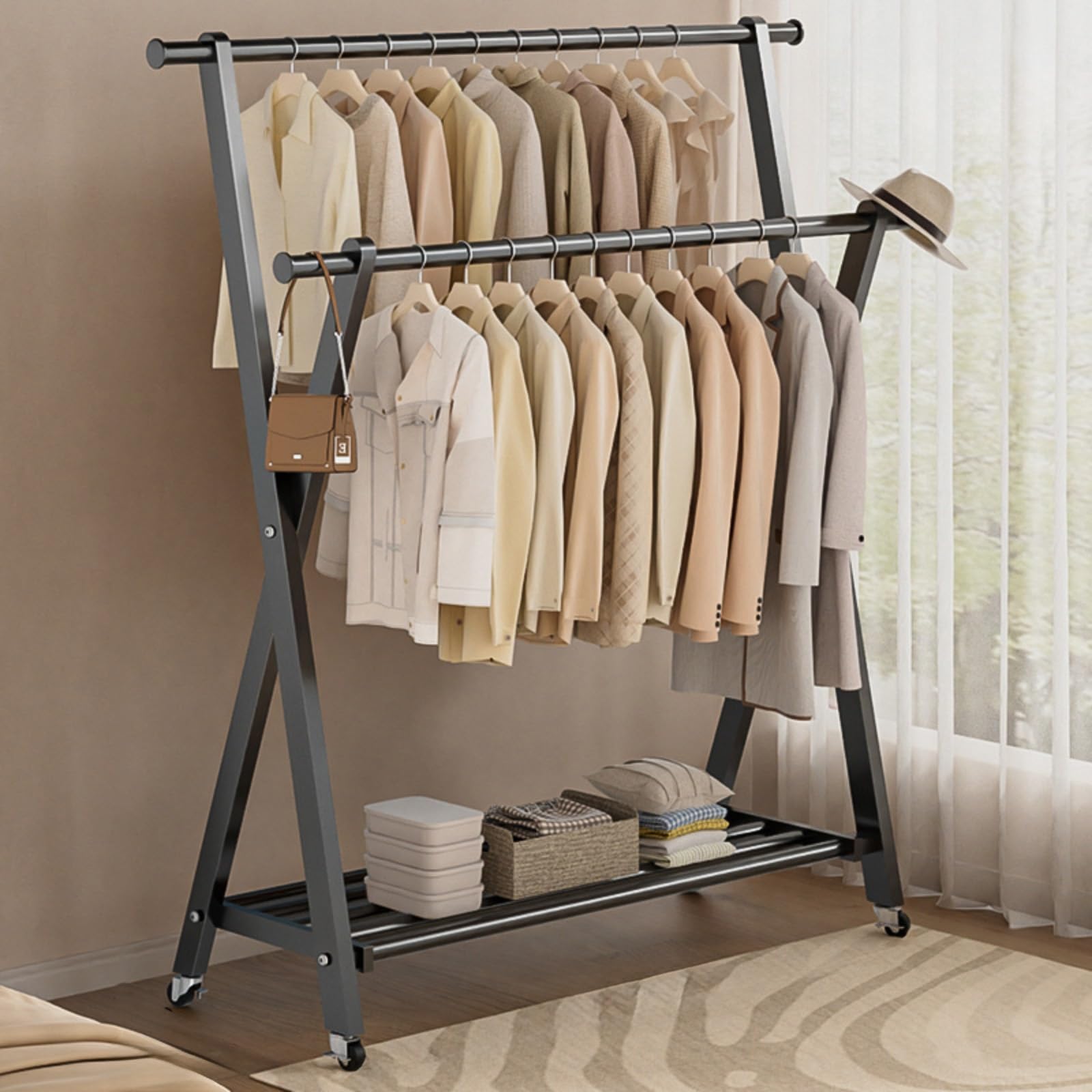 Foable - Appendiabiti con ruote, resistente, capacità 50 kg, facile da spostare, ideale per soggiorno e camera da letto, grigio, 100 x 40 cm
